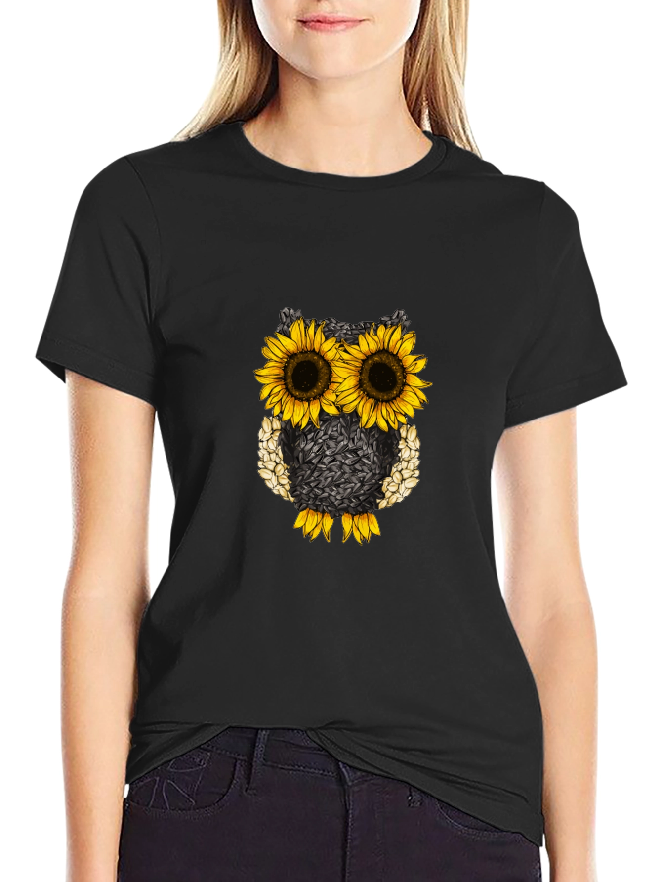 Sunflower Owl Graphic Tee - Black Cotton Blend