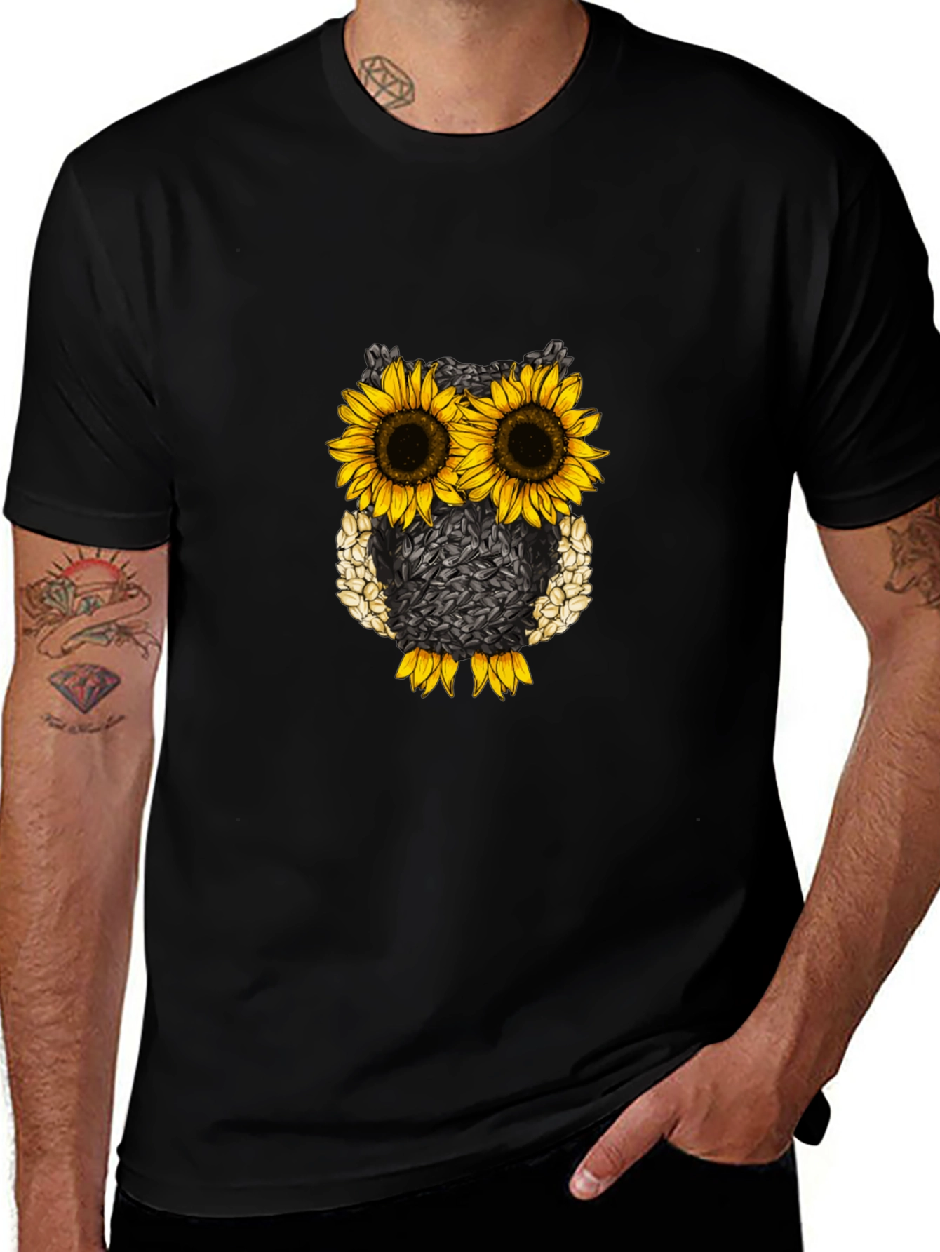Sunflower Owl Graphic Tee - Black Cotton Blend