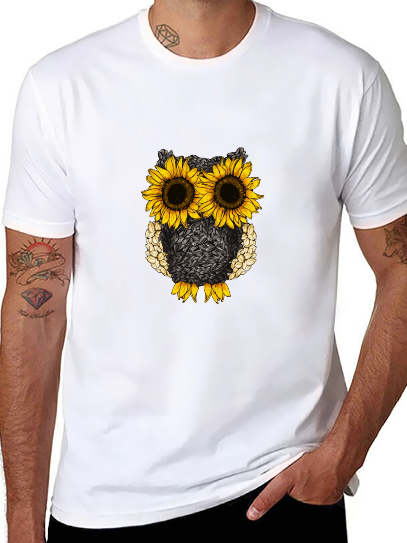 Sunflower Owl Graphic Tee - Black Cotton Blend