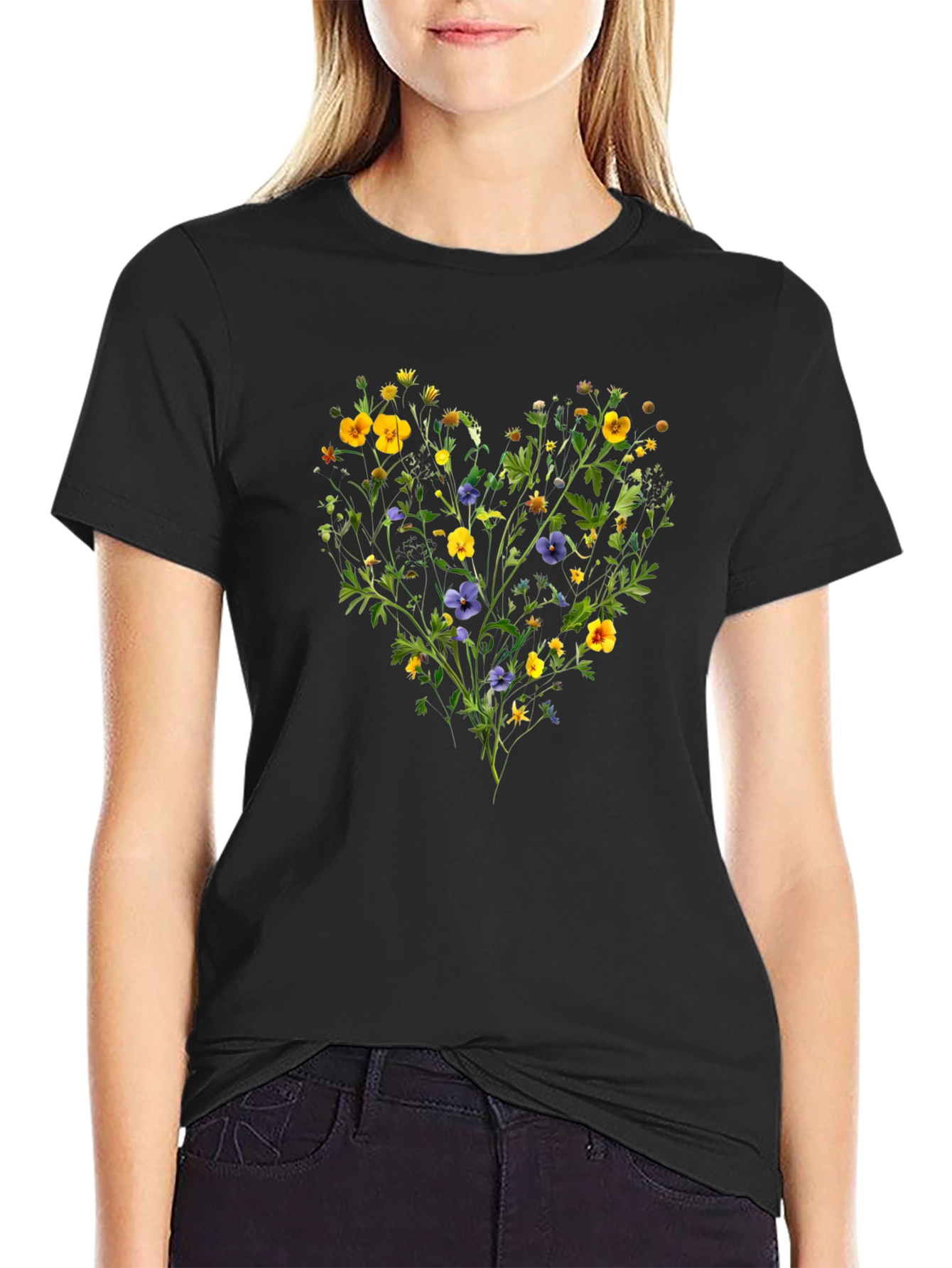 Floral Heart Graphic Black T-Shirt