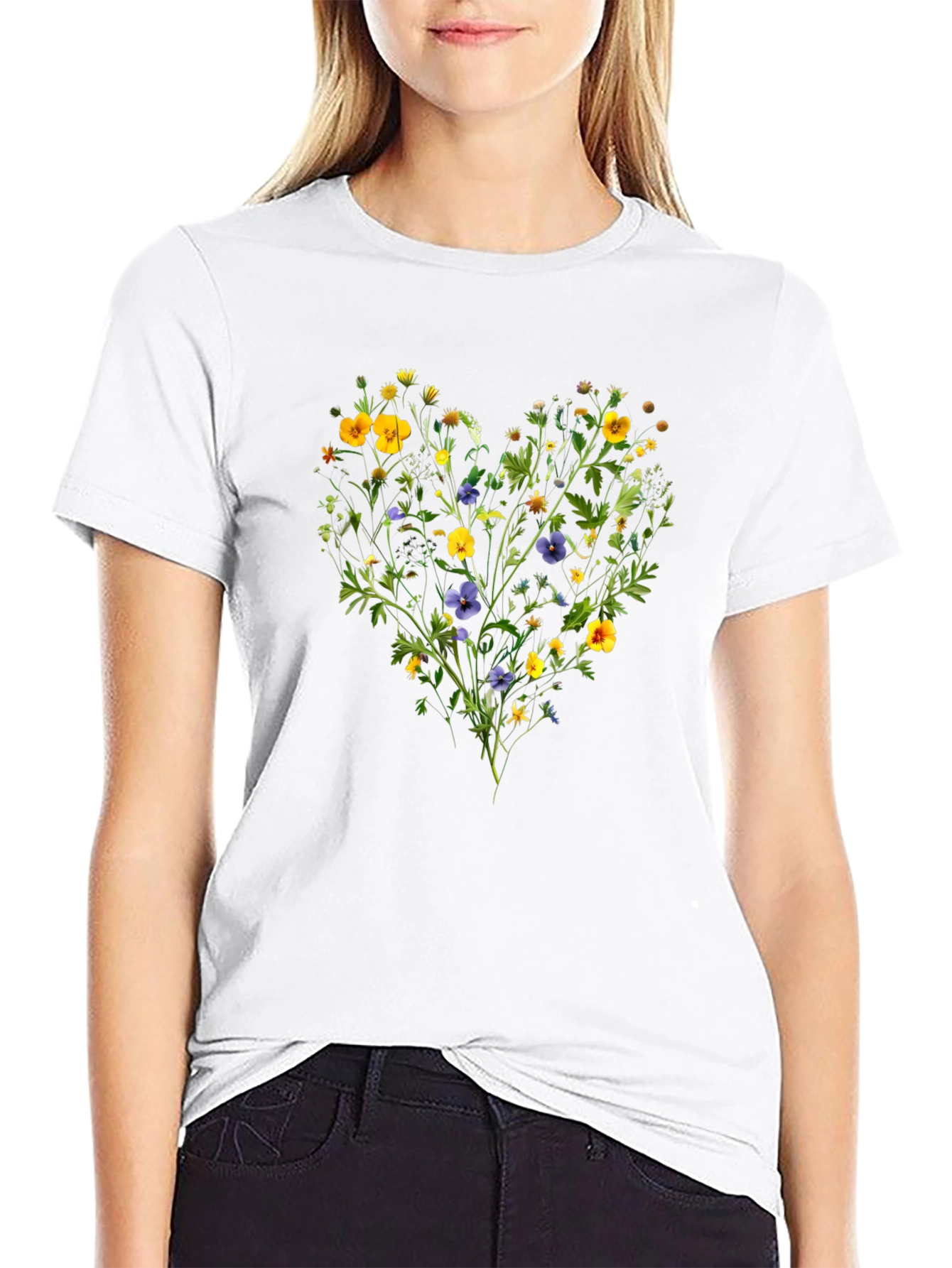 Floral Heart Graphic Black T-Shirt