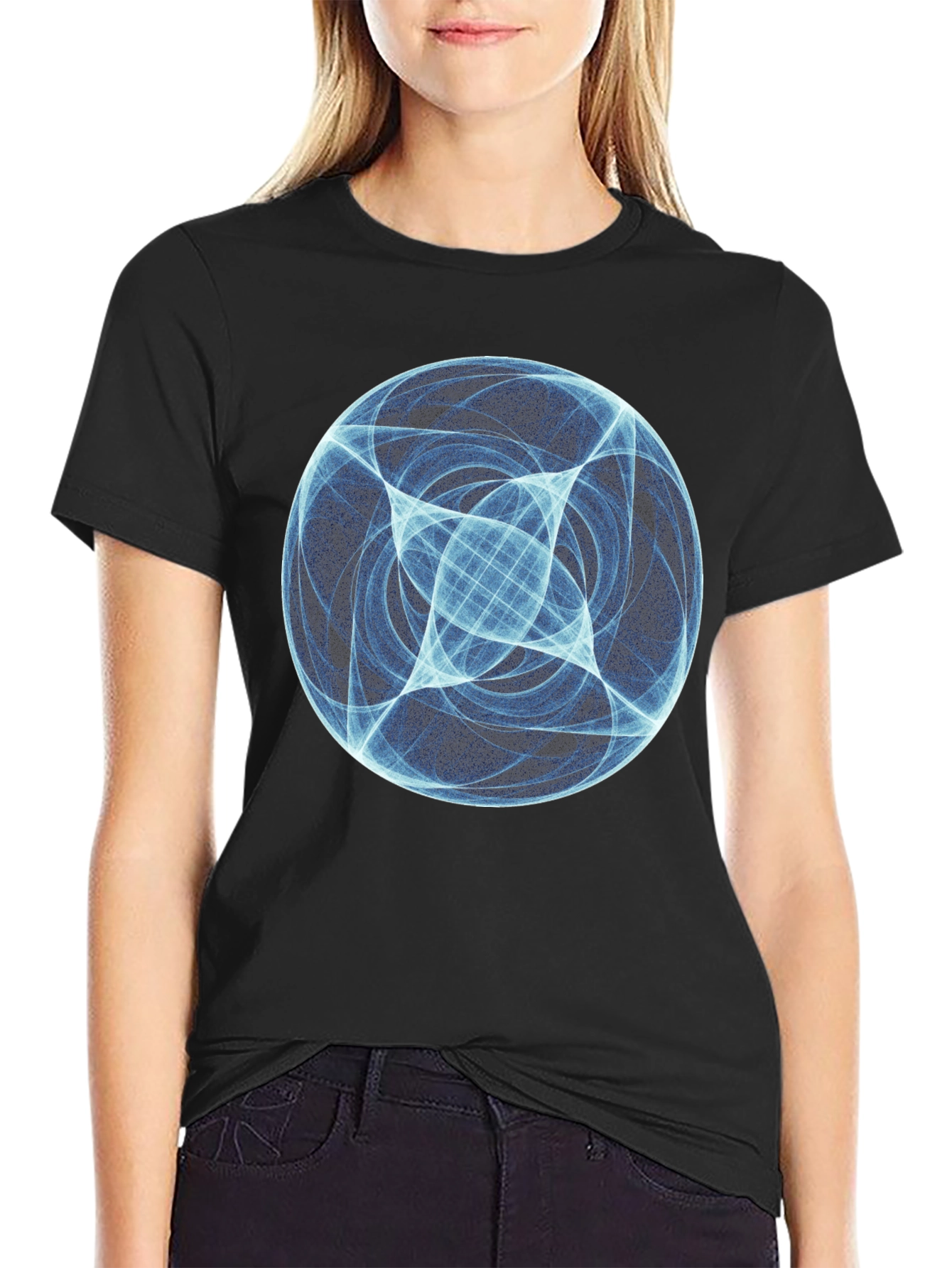 Abstract Blue Orb Graphic Black T-Shirt