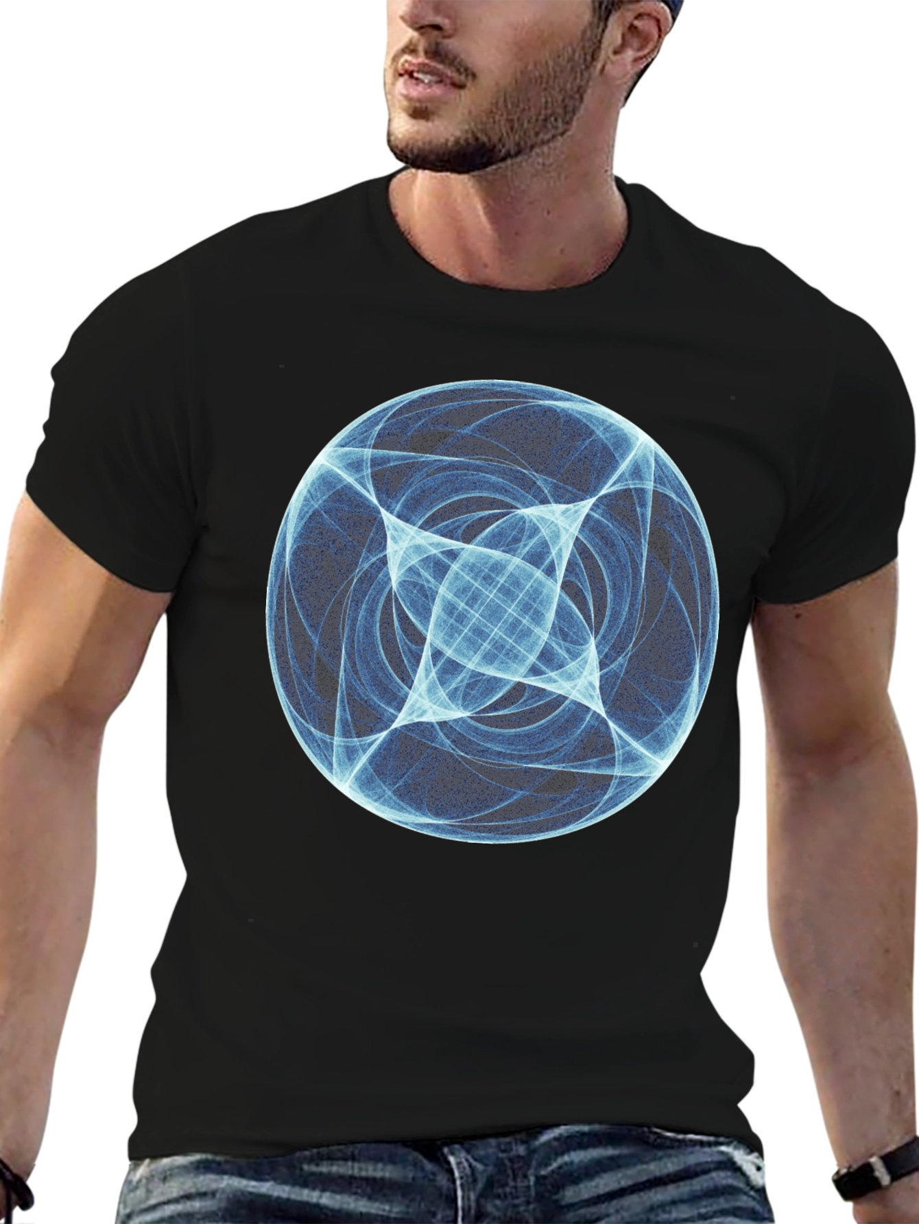 Abstract Blue Orb Graphic Black T-Shirt