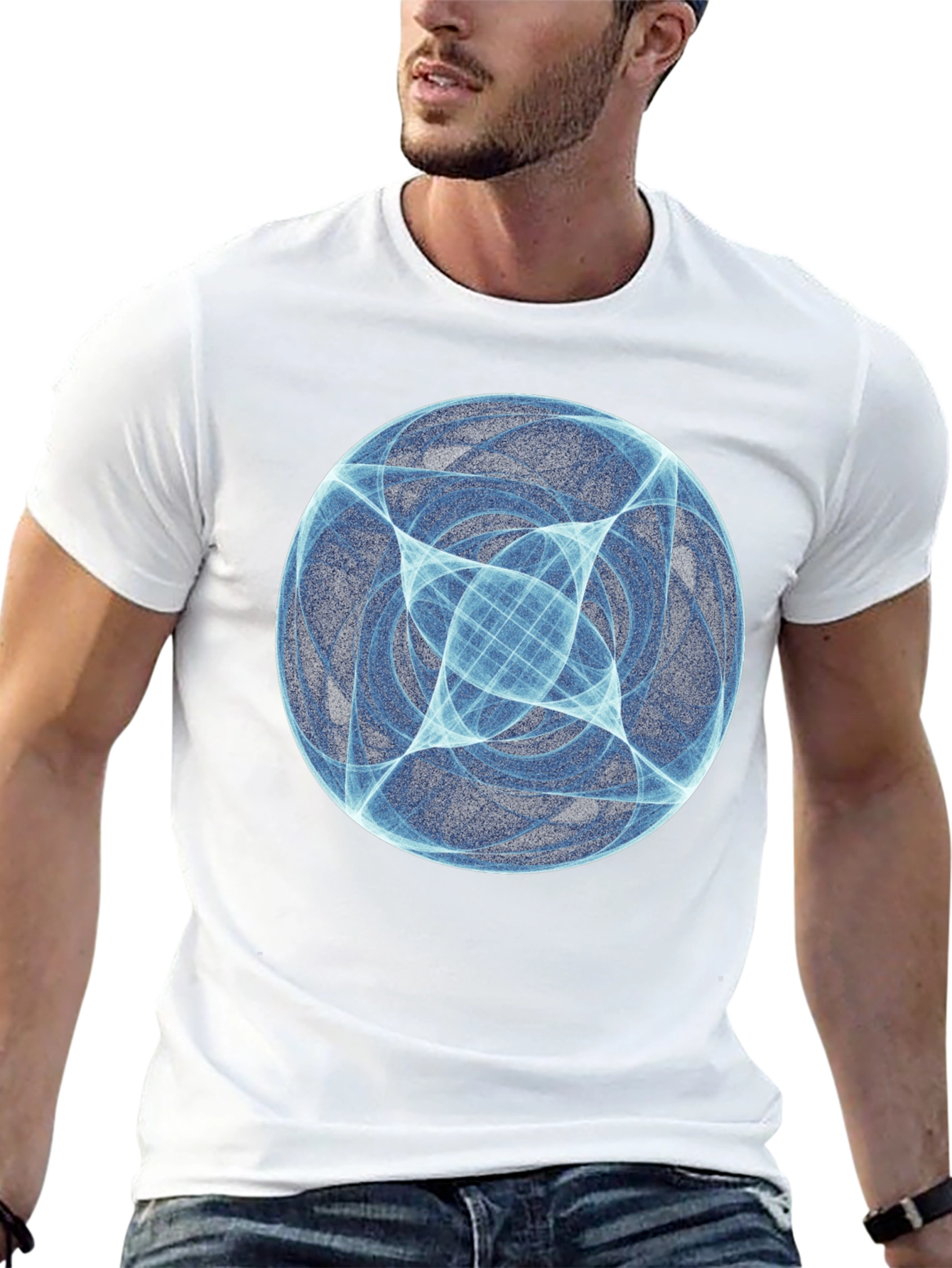 Abstract Blue Orb Graphic Black T-Shirt