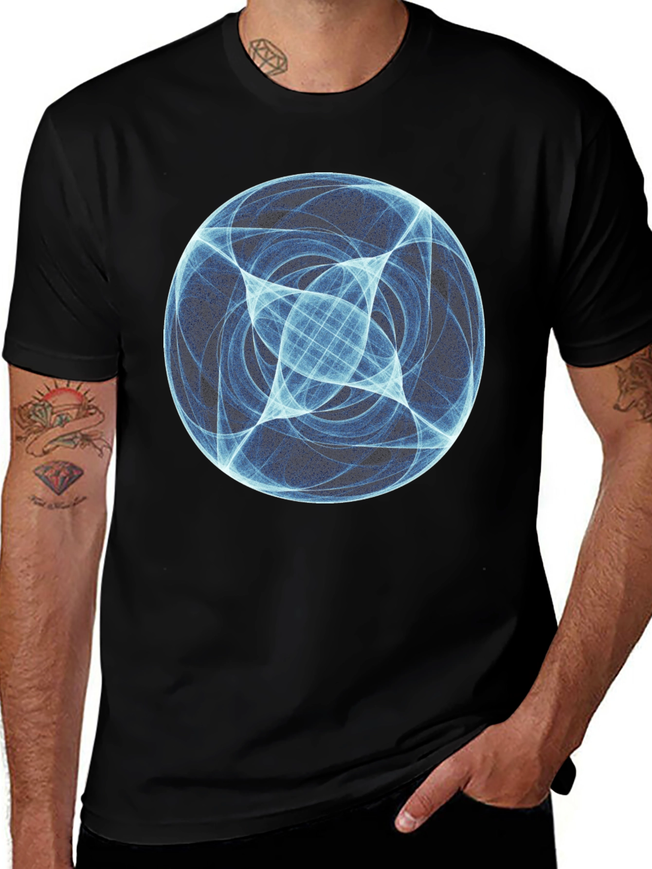 Abstract Blue Orb Graphic Black T-Shirt