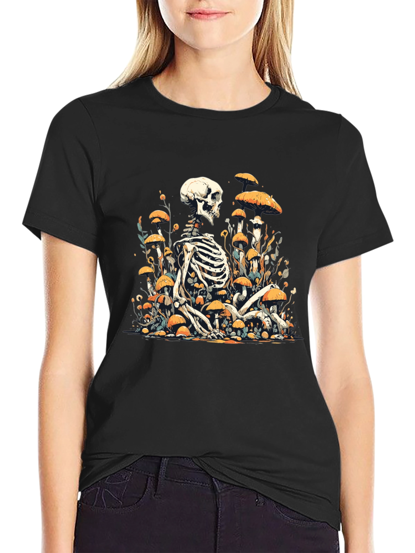 Skeleton in Mushroom Patch Graphic Tee - Black