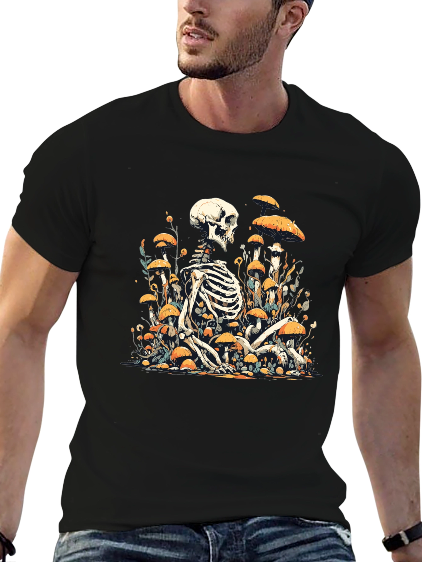 Skeleton in Mushroom Patch Graphic Tee - Black