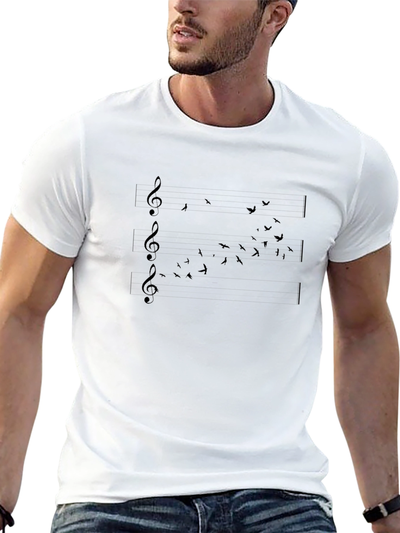 Music Notes & Birds Black T-Shirt