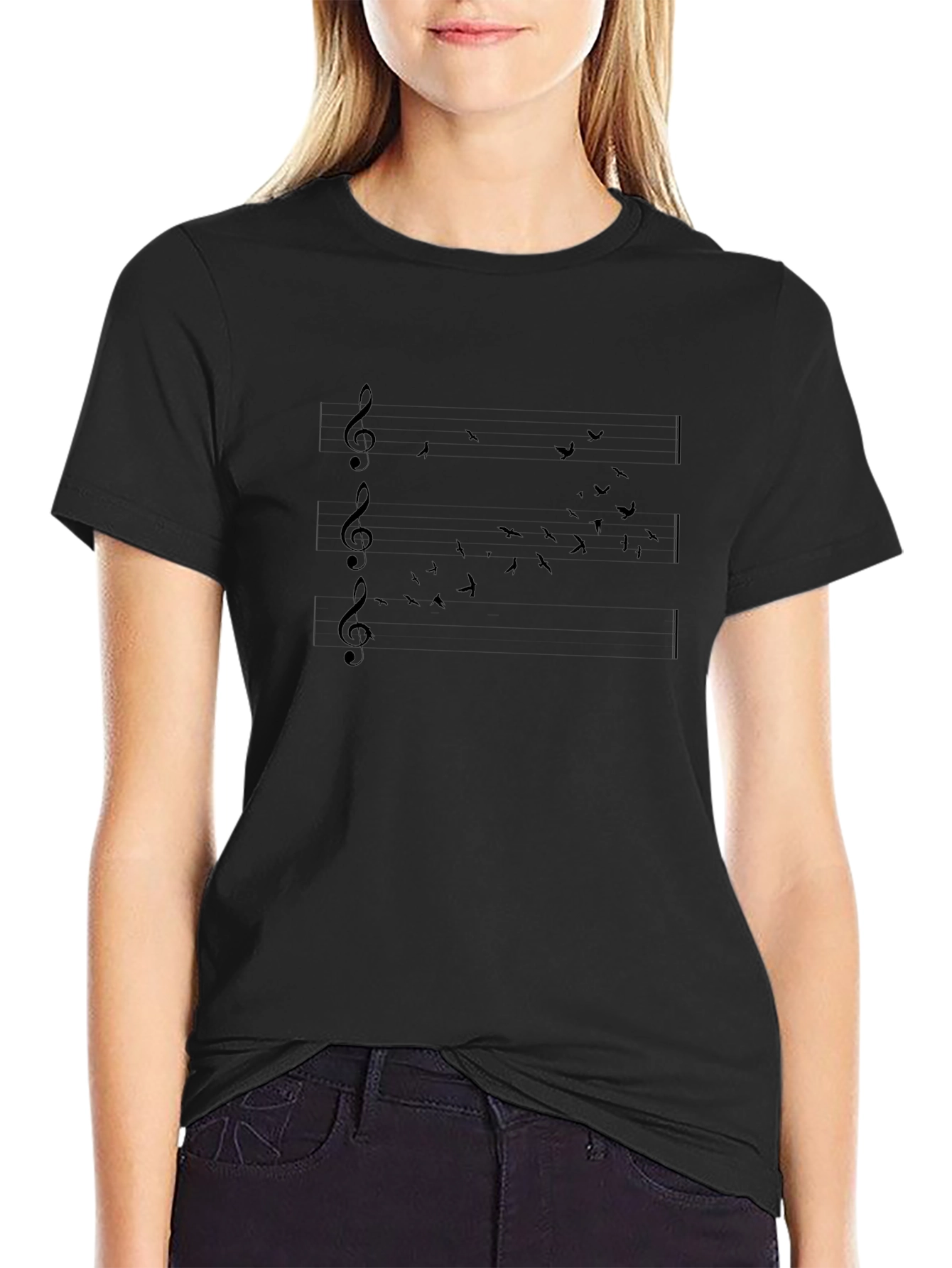 Music Notes & Birds Black T-Shirt