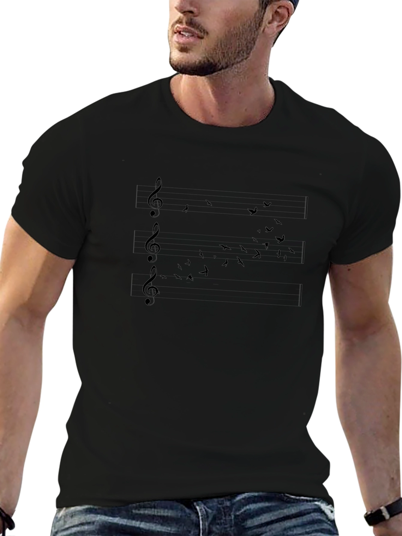 Music Notes & Birds Black T-Shirt