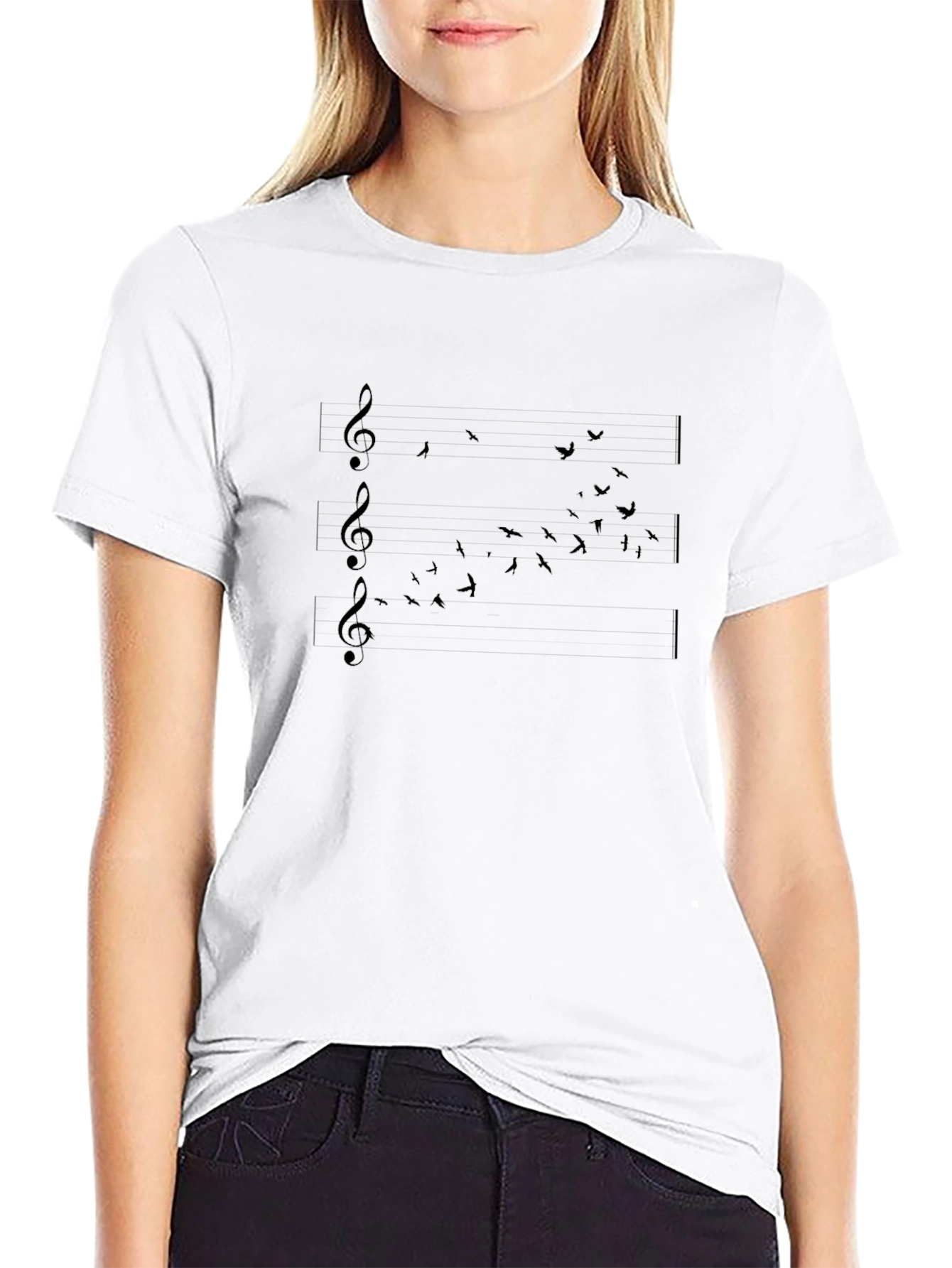 Music Notes & Birds Black T-Shirt