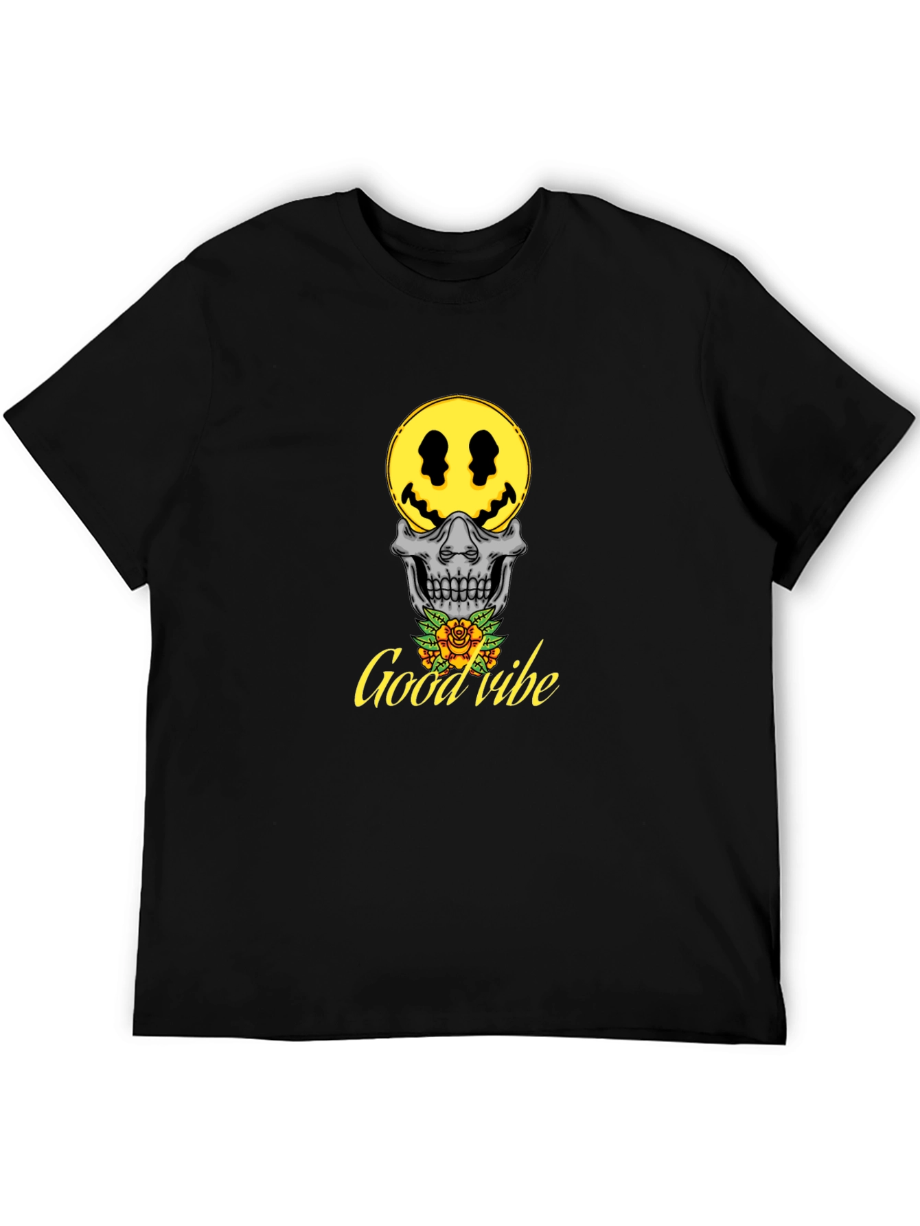 Good Vibe Skull Smiley Face T-Shirt - Black