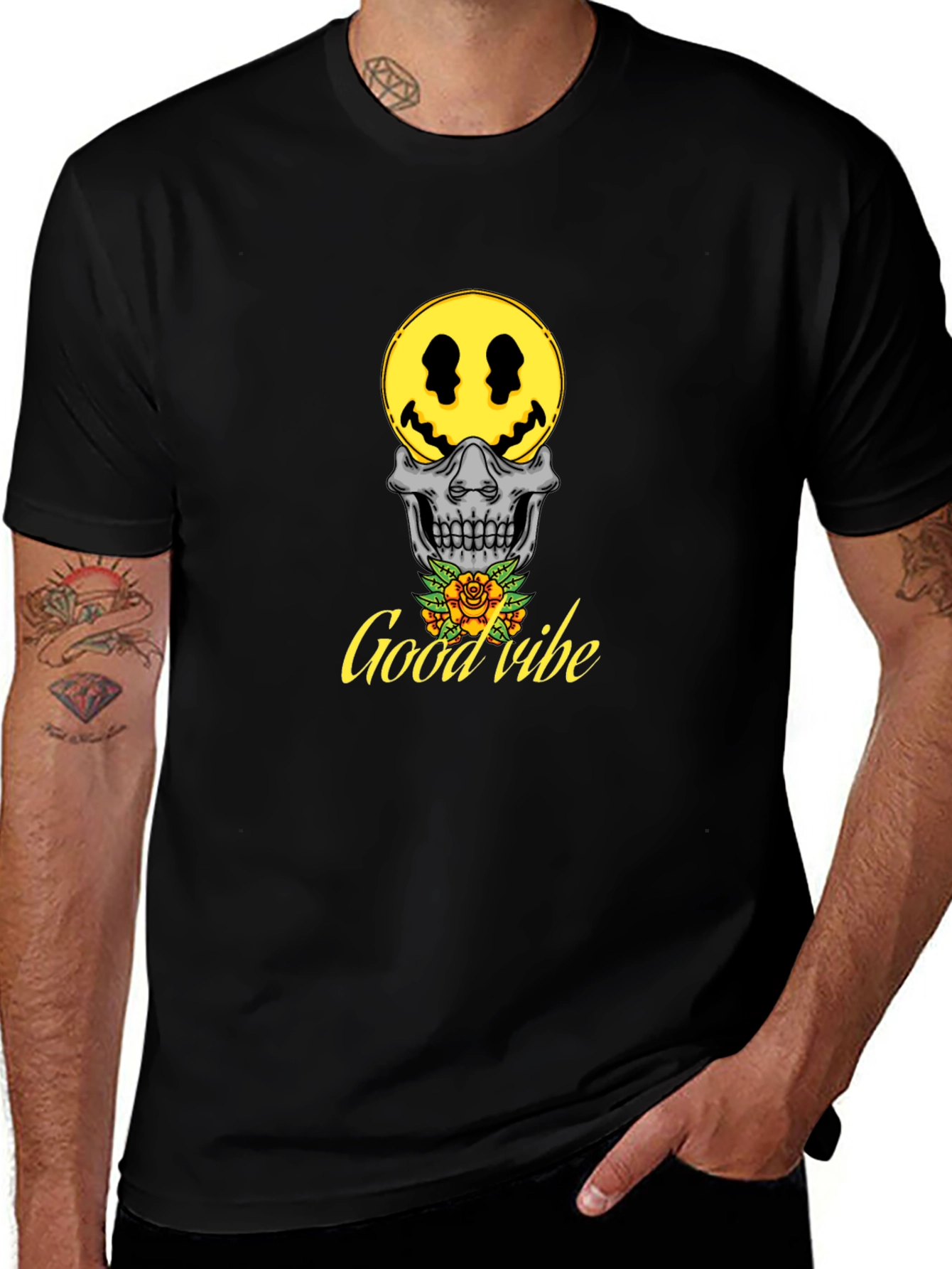 Good Vibe Skull Smiley Face T-Shirt - Black