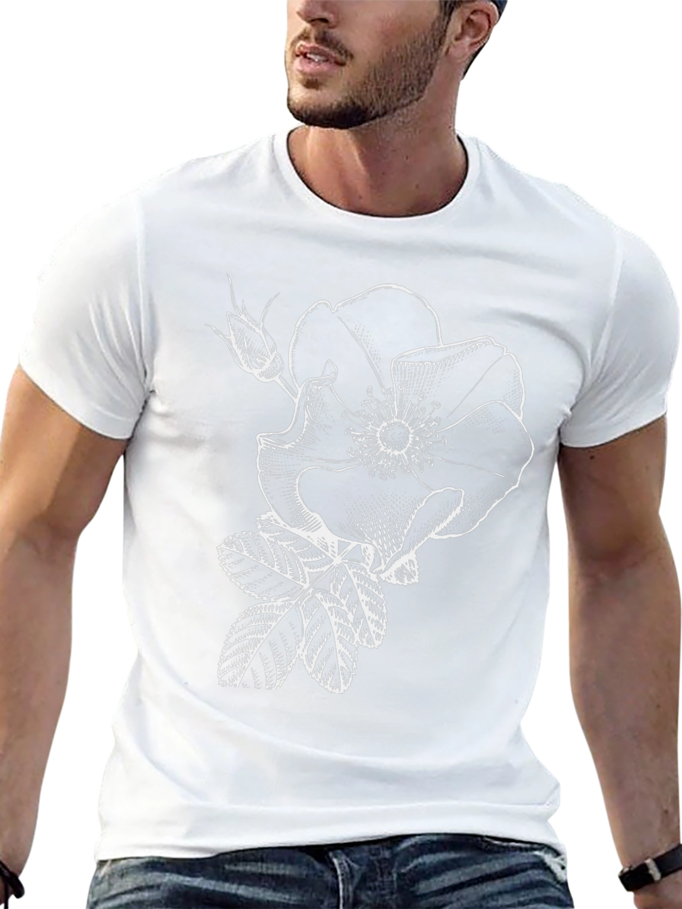 Black T-Shirt with White Rose Graphic