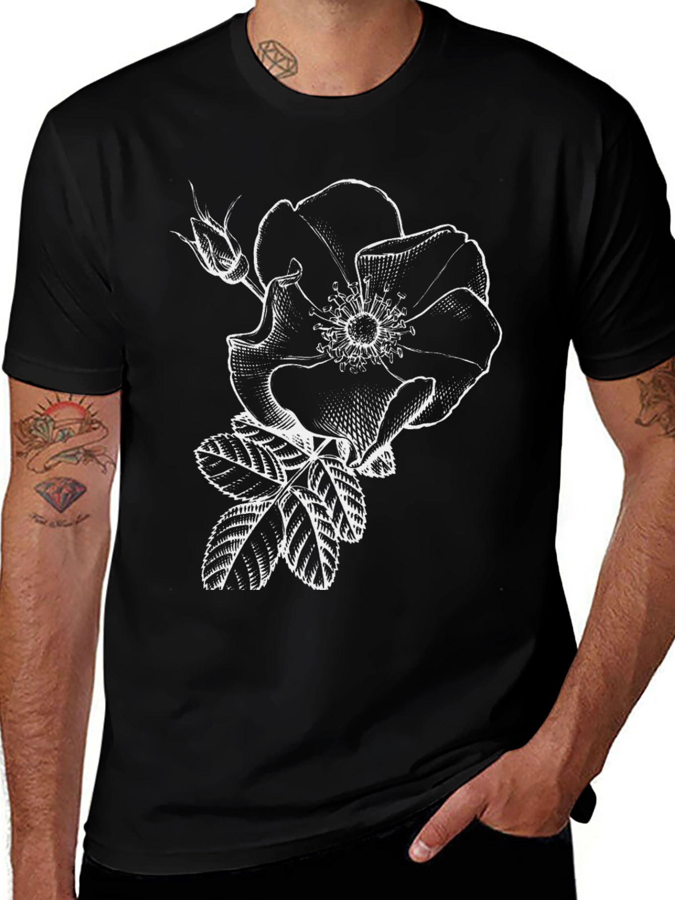 Black T-Shirt with White Rose Graphic