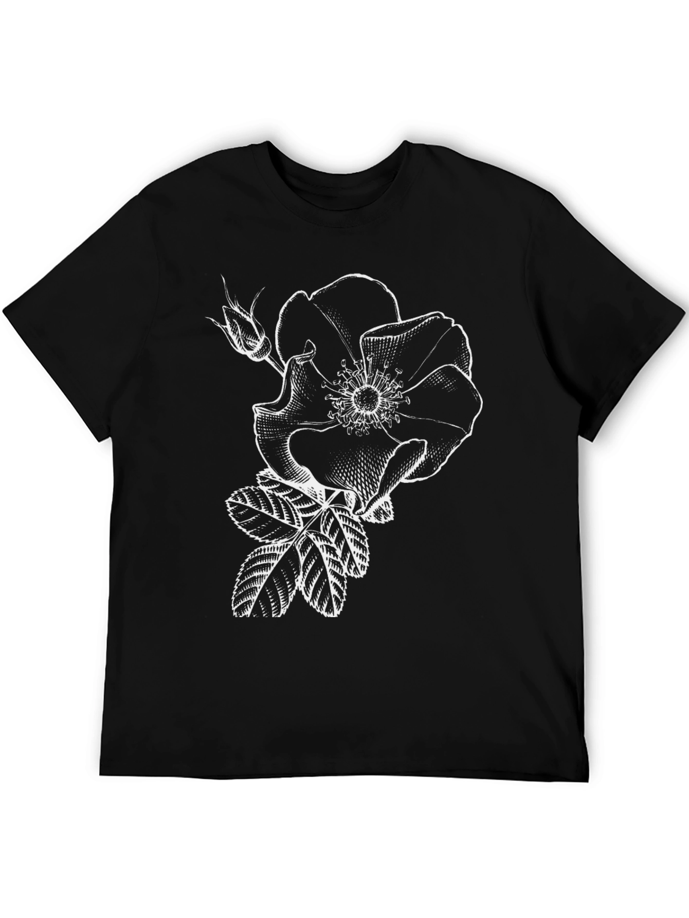 Black T-Shirt with White Rose Graphic