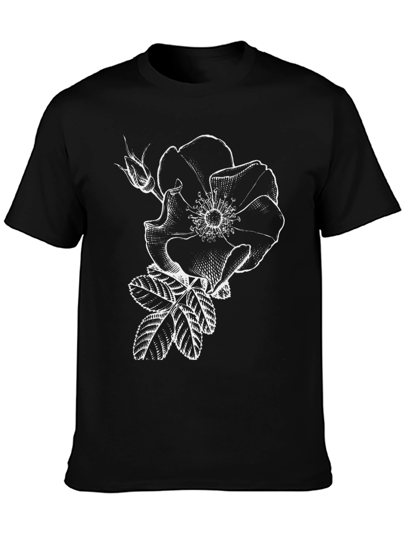 Black T-Shirt with White Rose Graphic