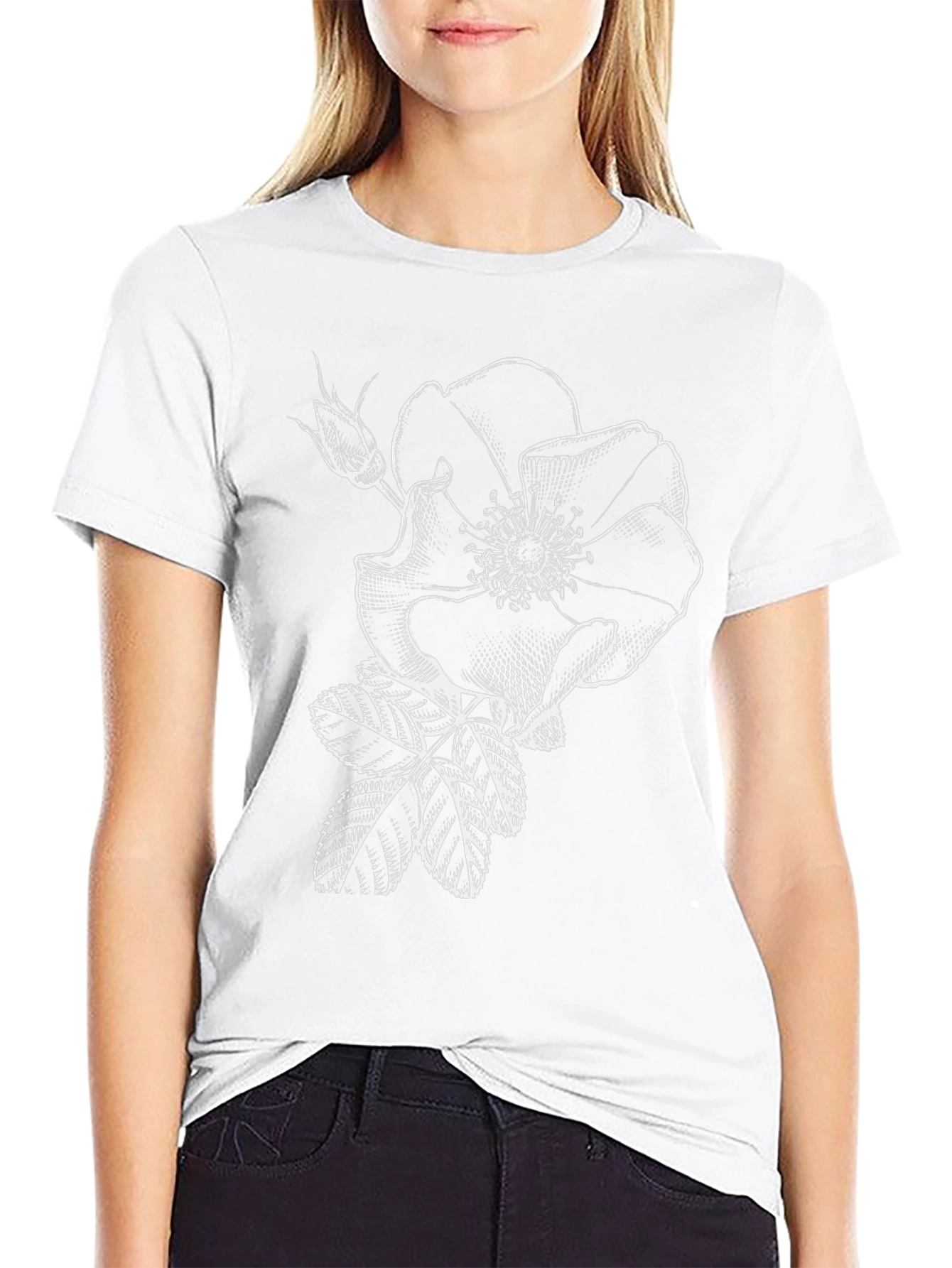 Black T-Shirt with White Rose Graphic