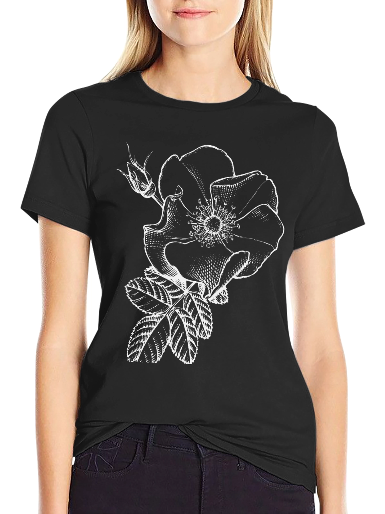 Black T-Shirt with White Rose Graphic