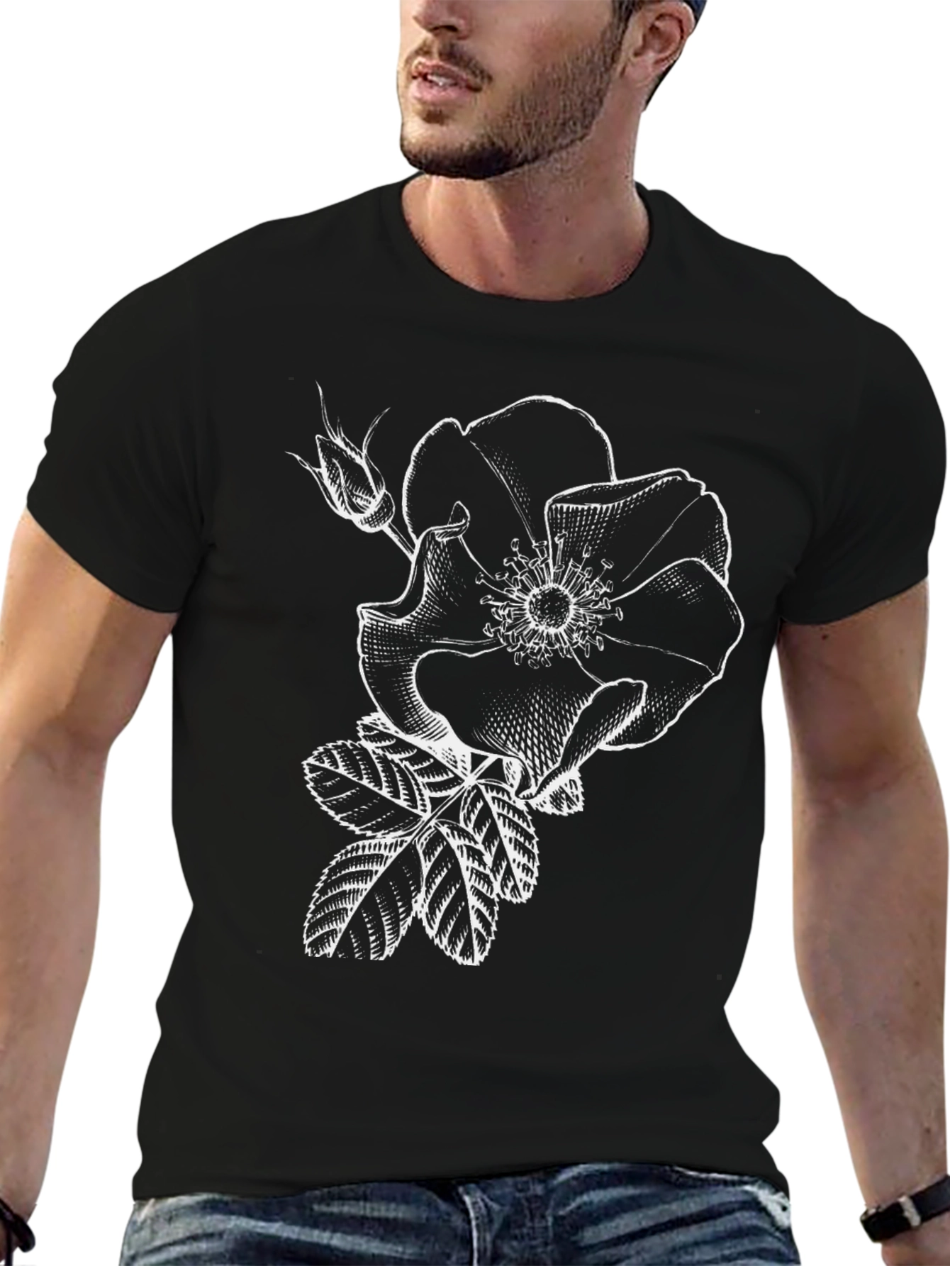 Black T-Shirt with White Rose Graphic
