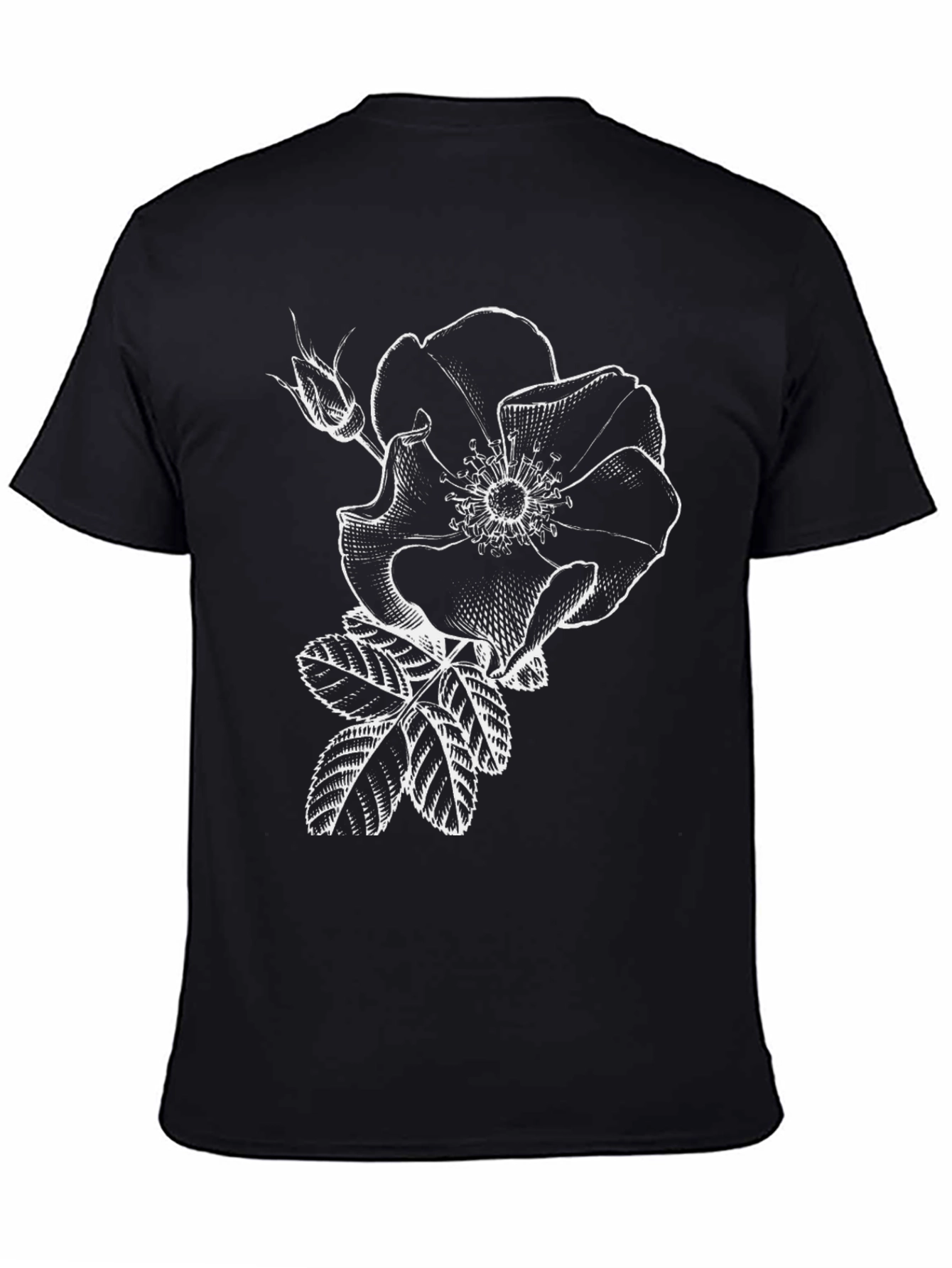 Black T-Shirt with White Rose Graphic