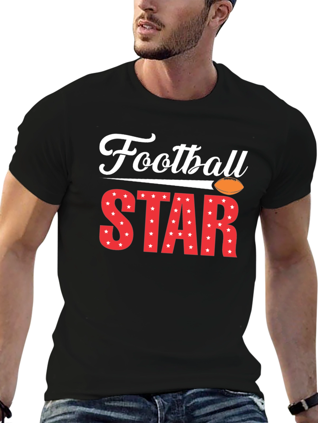 Football Star Graphic Tee - Black Cotton T-Shirt