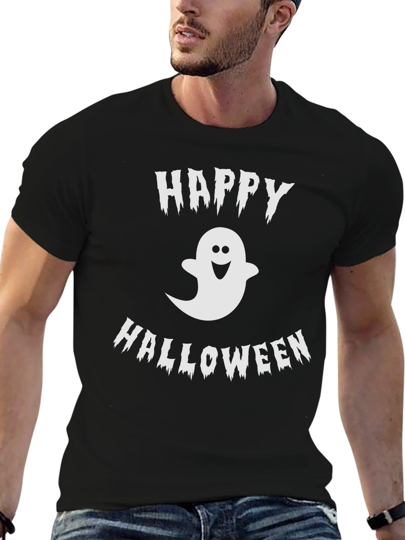 Happy Halloween Ghost Graphic Tee - Black