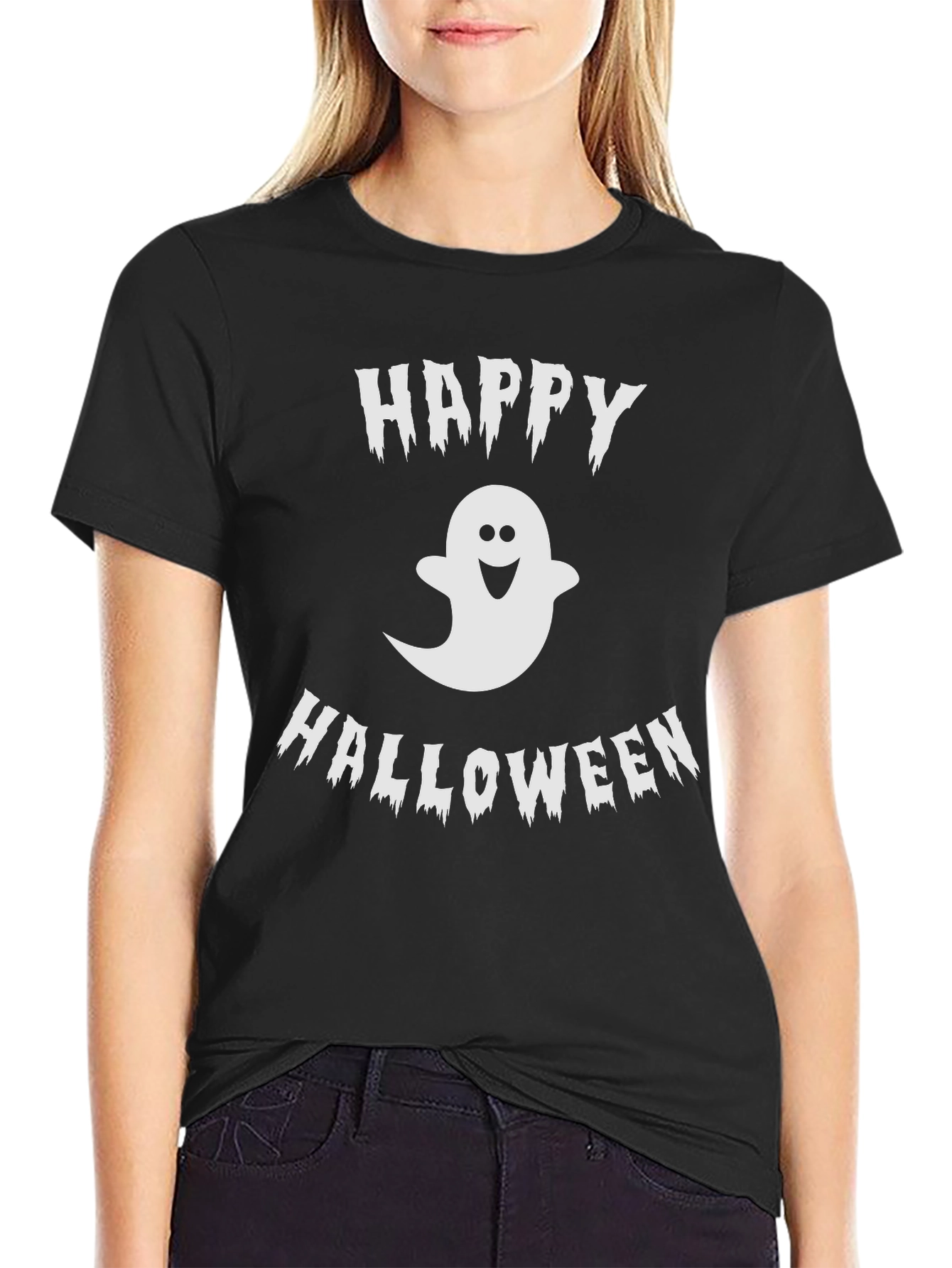 Happy Halloween Ghost Graphic Tee - Black