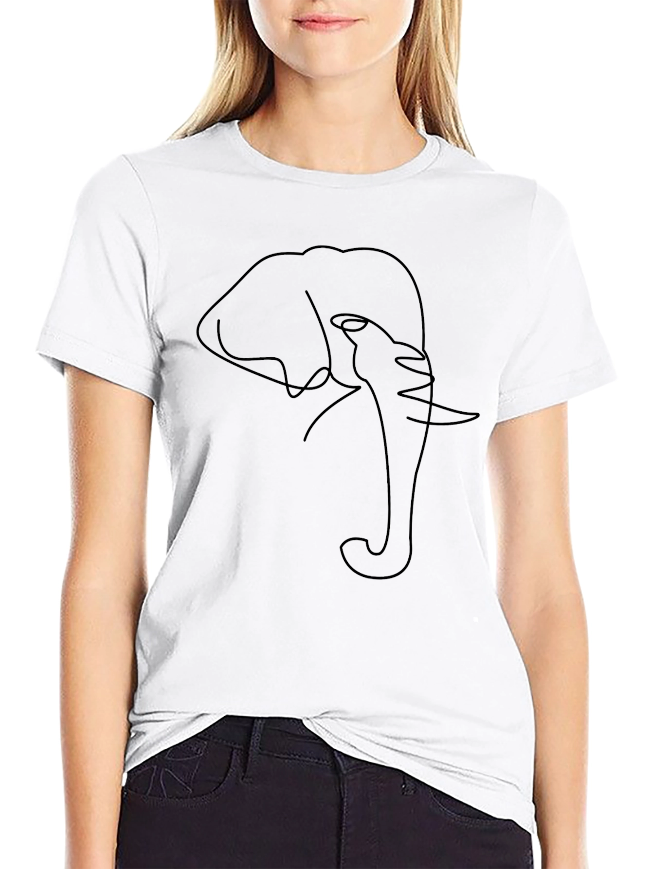 Minimalist Elephant Line Art Black T-Shirt