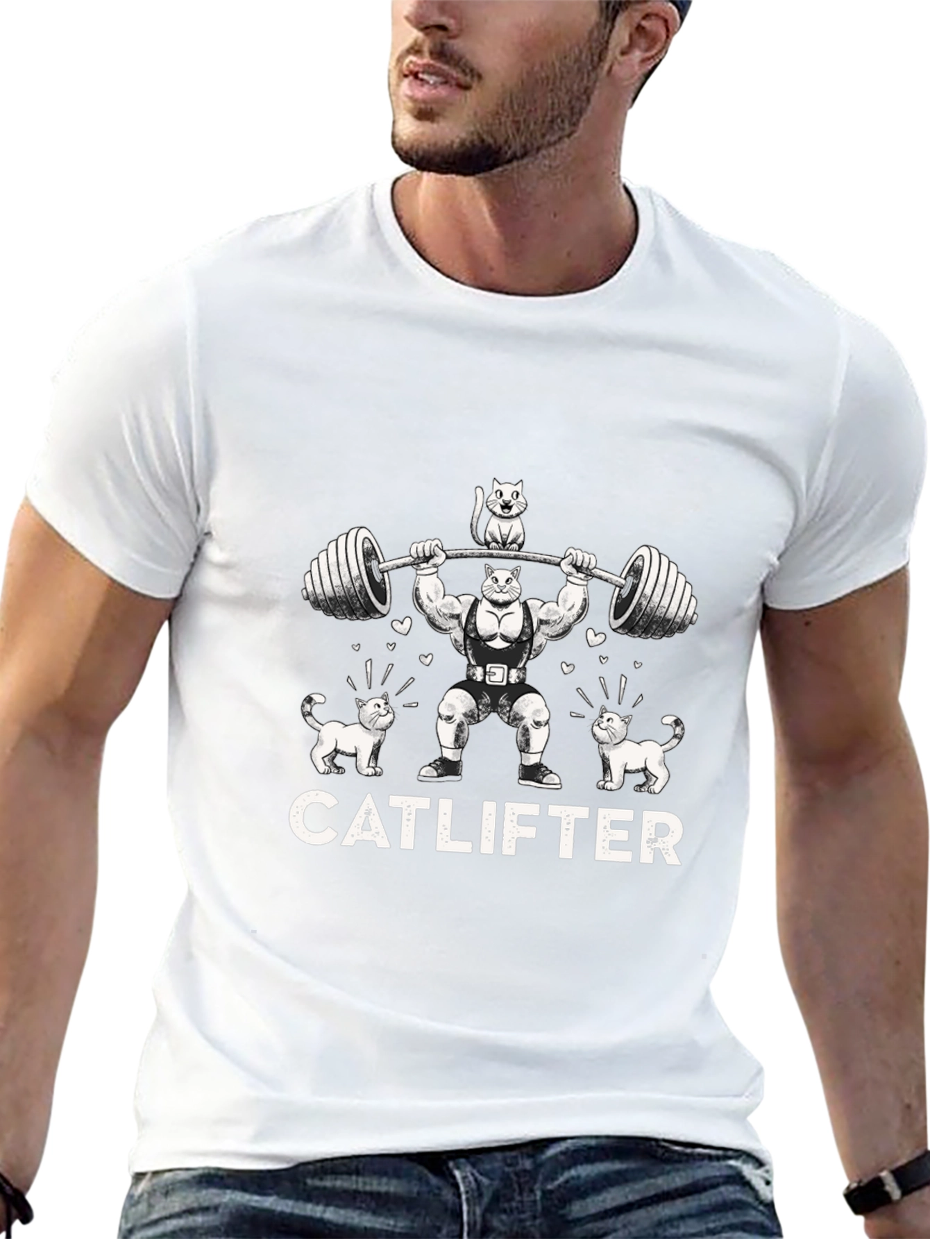 Catlifter Black T-Shirt - Weightlifting Cat Design