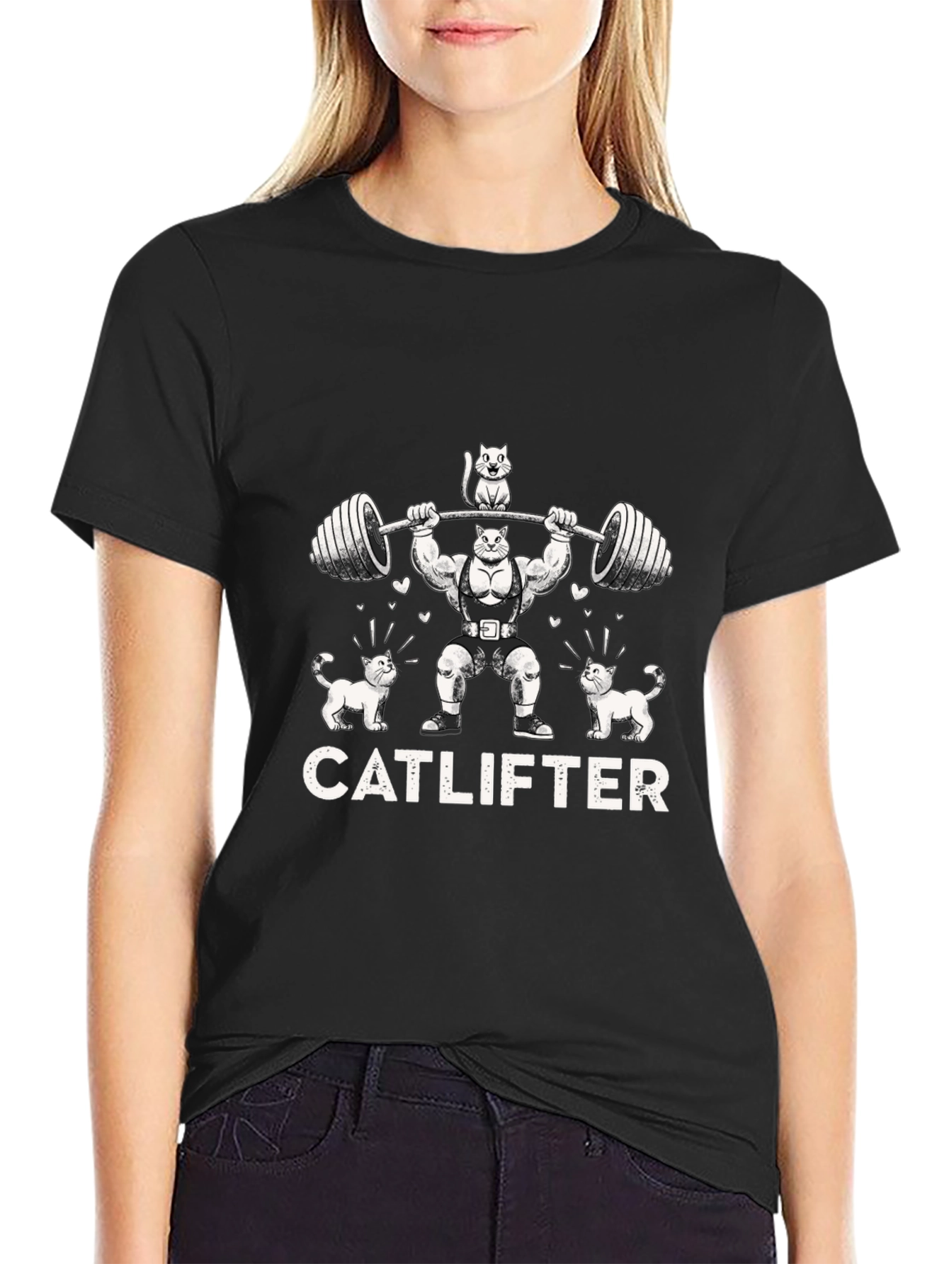 Catlifter Black T-Shirt - Weightlifting Cat Design