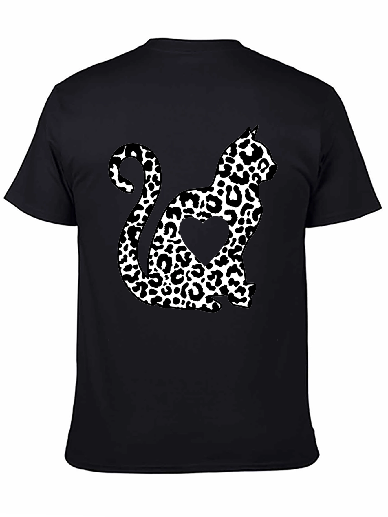 Leopard Cat Heart T-Shirt - Stylish Black Tee