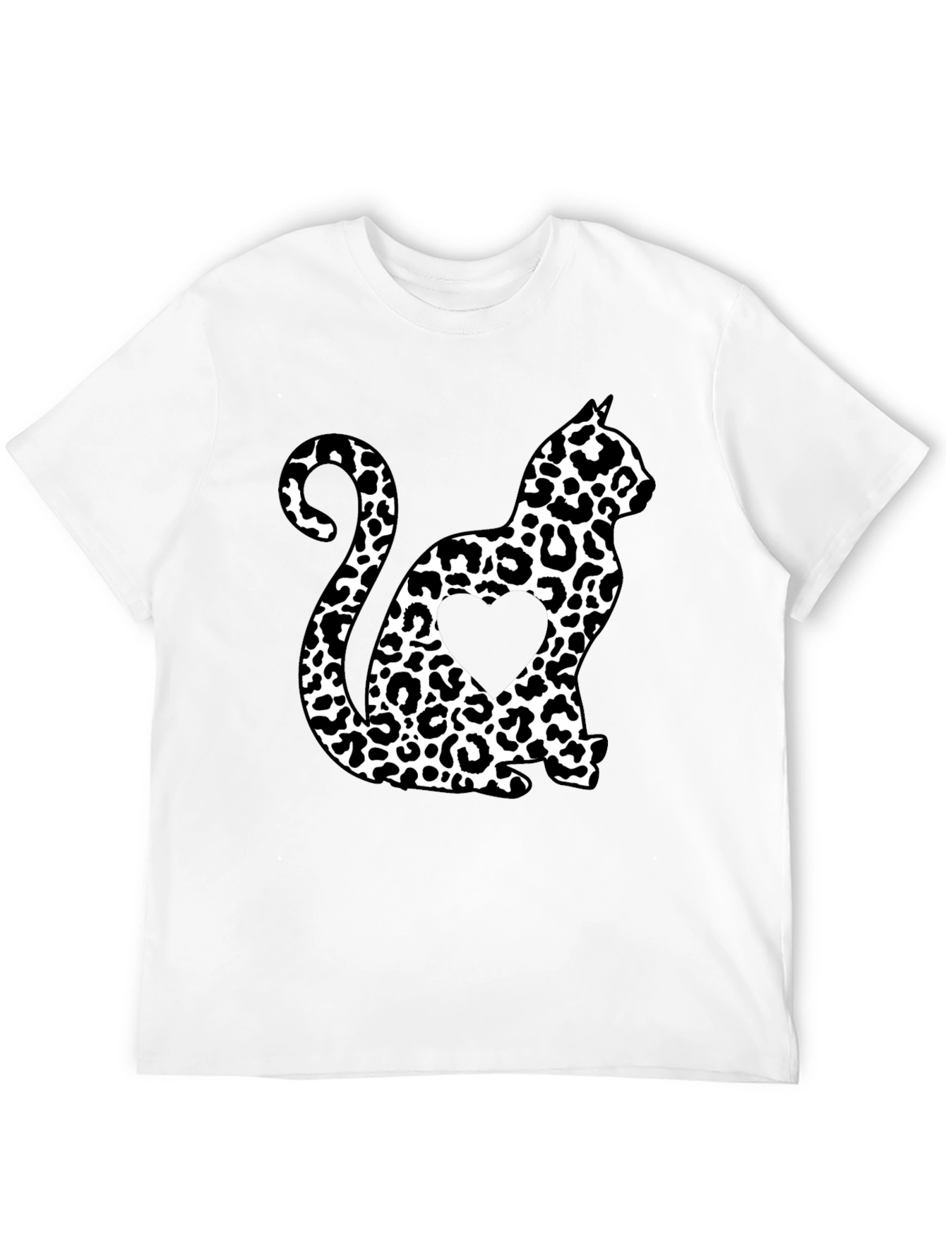 Leopard Cat Heart T-Shirt - Stylish Black Tee