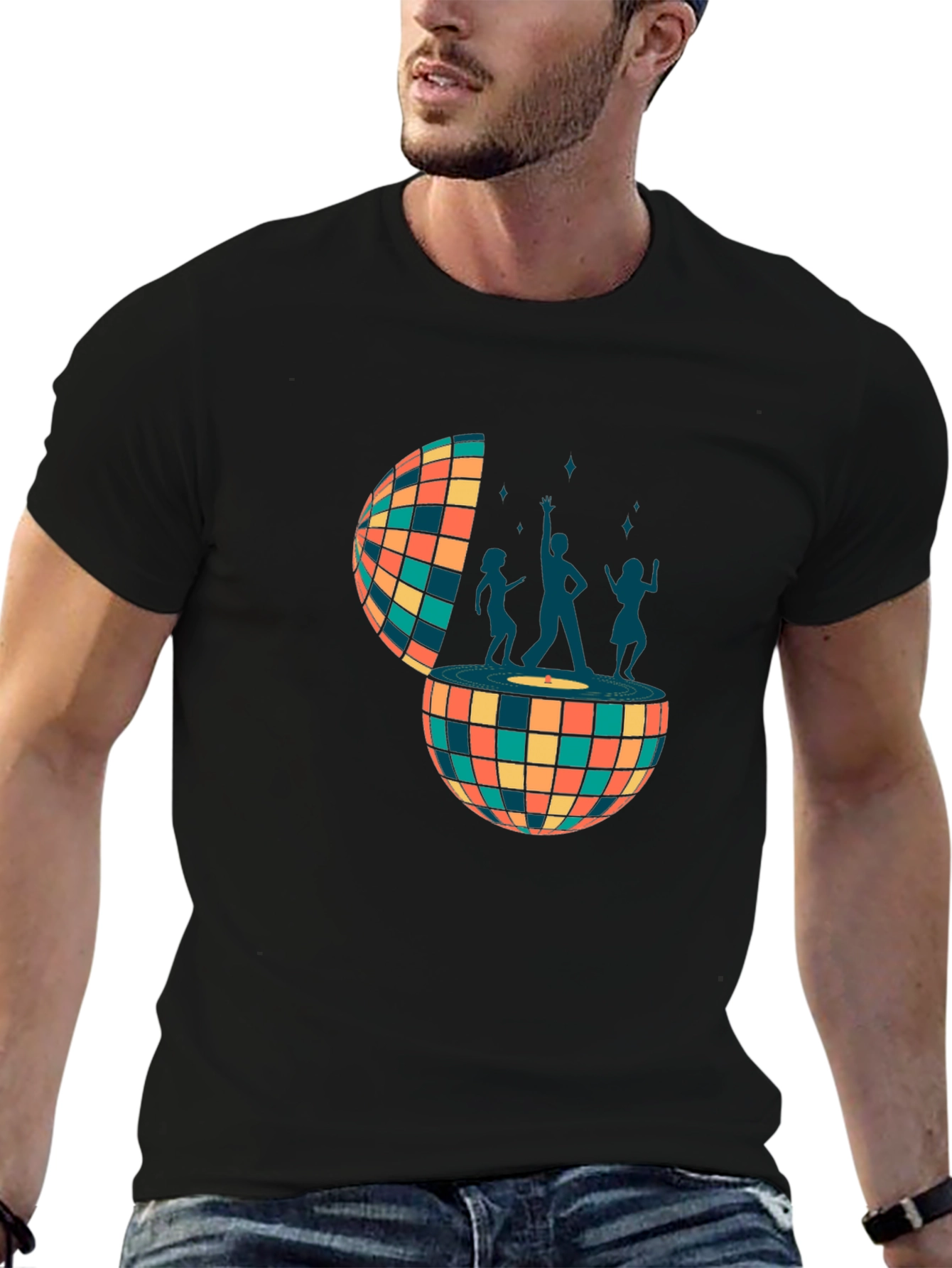 Retro Disco Ball Dance Crew Graphic Tee - Black