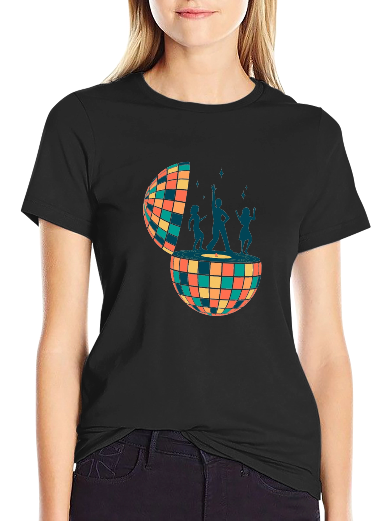 Retro Disco Ball Dance Crew Graphic Tee - Black