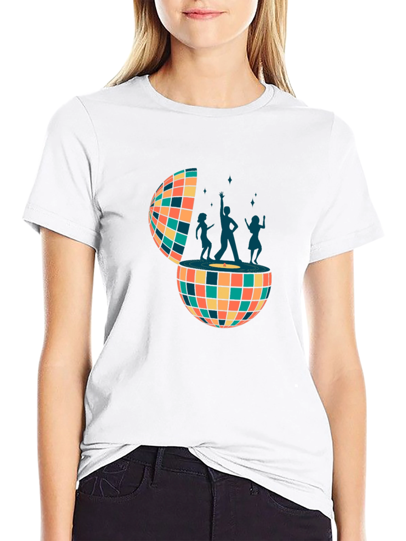 Retro Disco Ball Dance Crew Graphic Tee - Black