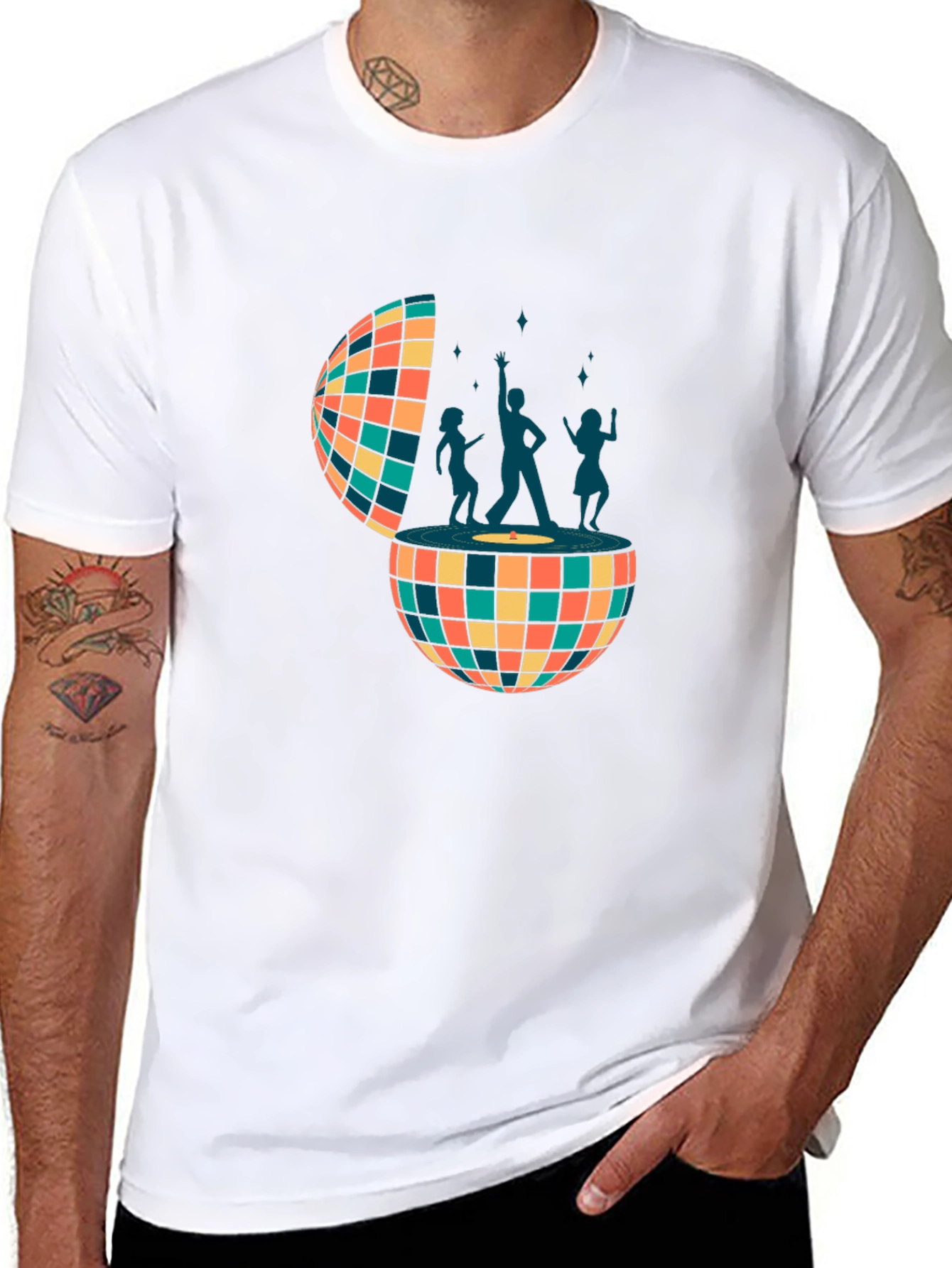 Retro Disco Ball Dance Crew Graphic Tee - Black