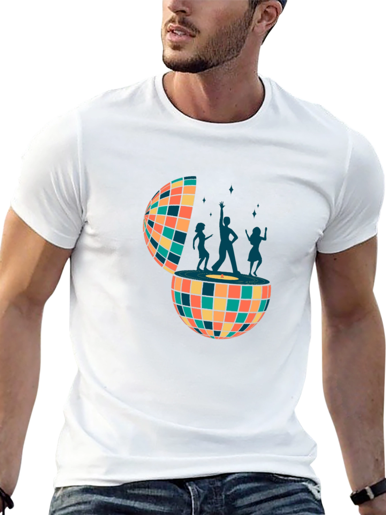 Retro Disco Ball Dance Crew Graphic Tee - Black