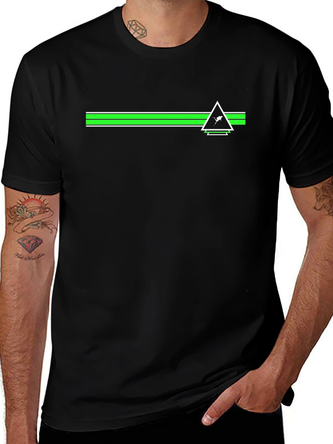 Modern Graphic Tee - Green Stripe & Triangle Design
