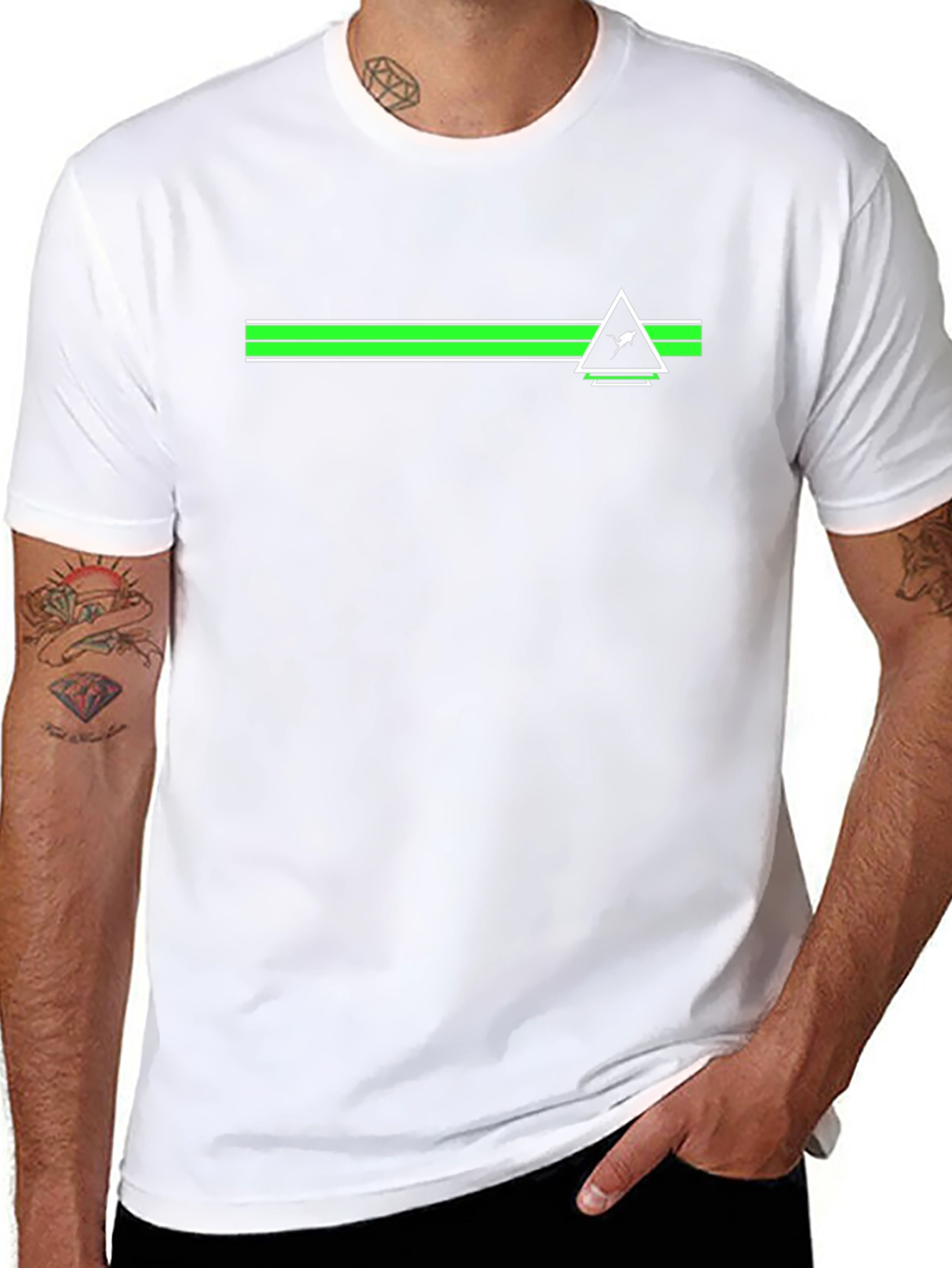 Modern Graphic Tee - Green Stripe & Triangle Design