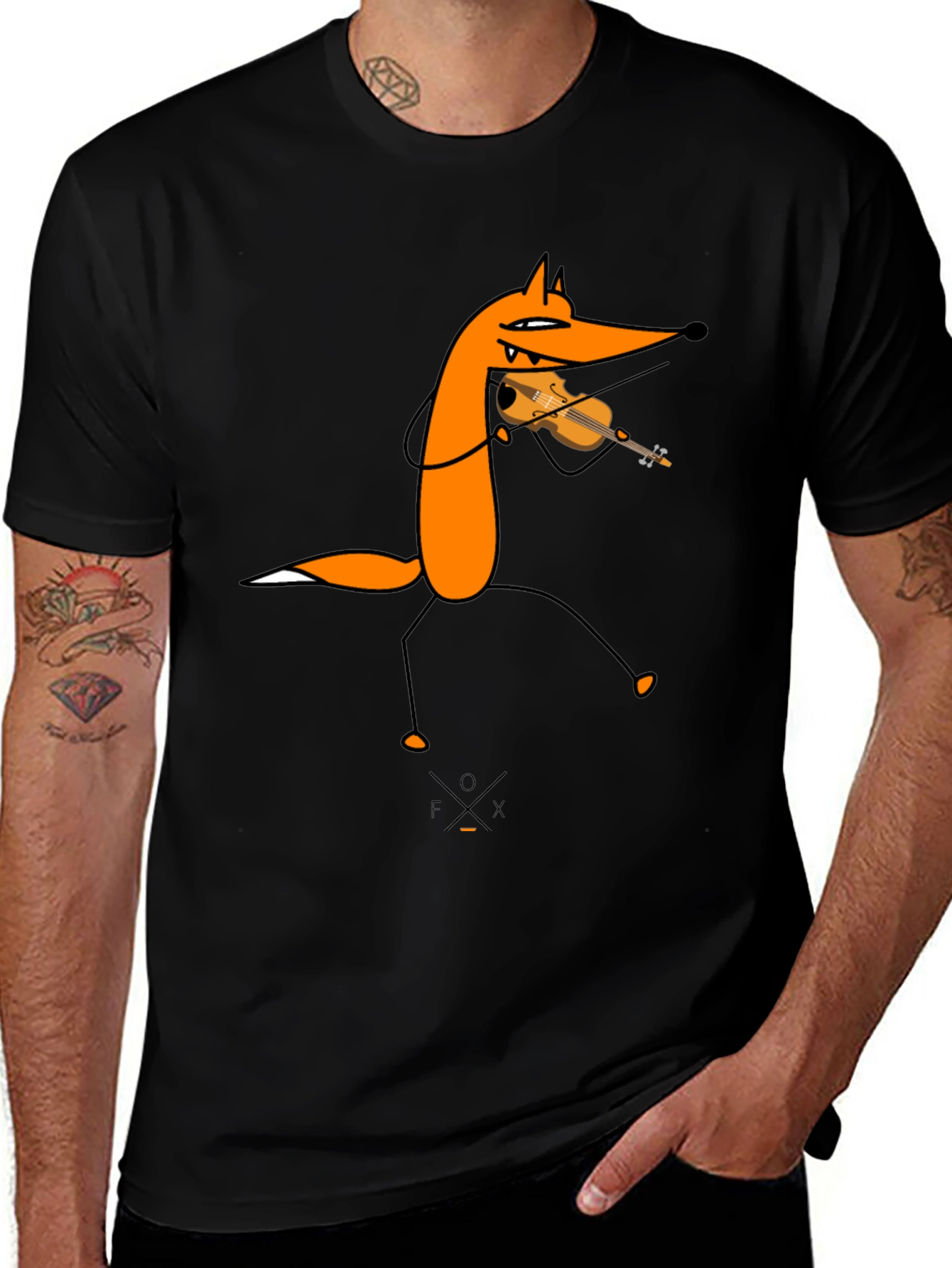 Funny Fox Violinist Black Graphic Tee