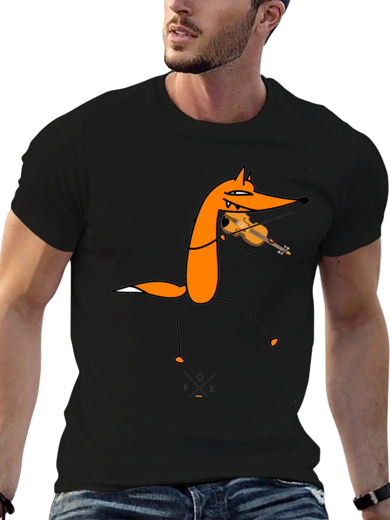 Funny Fox Violinist Black Graphic Tee