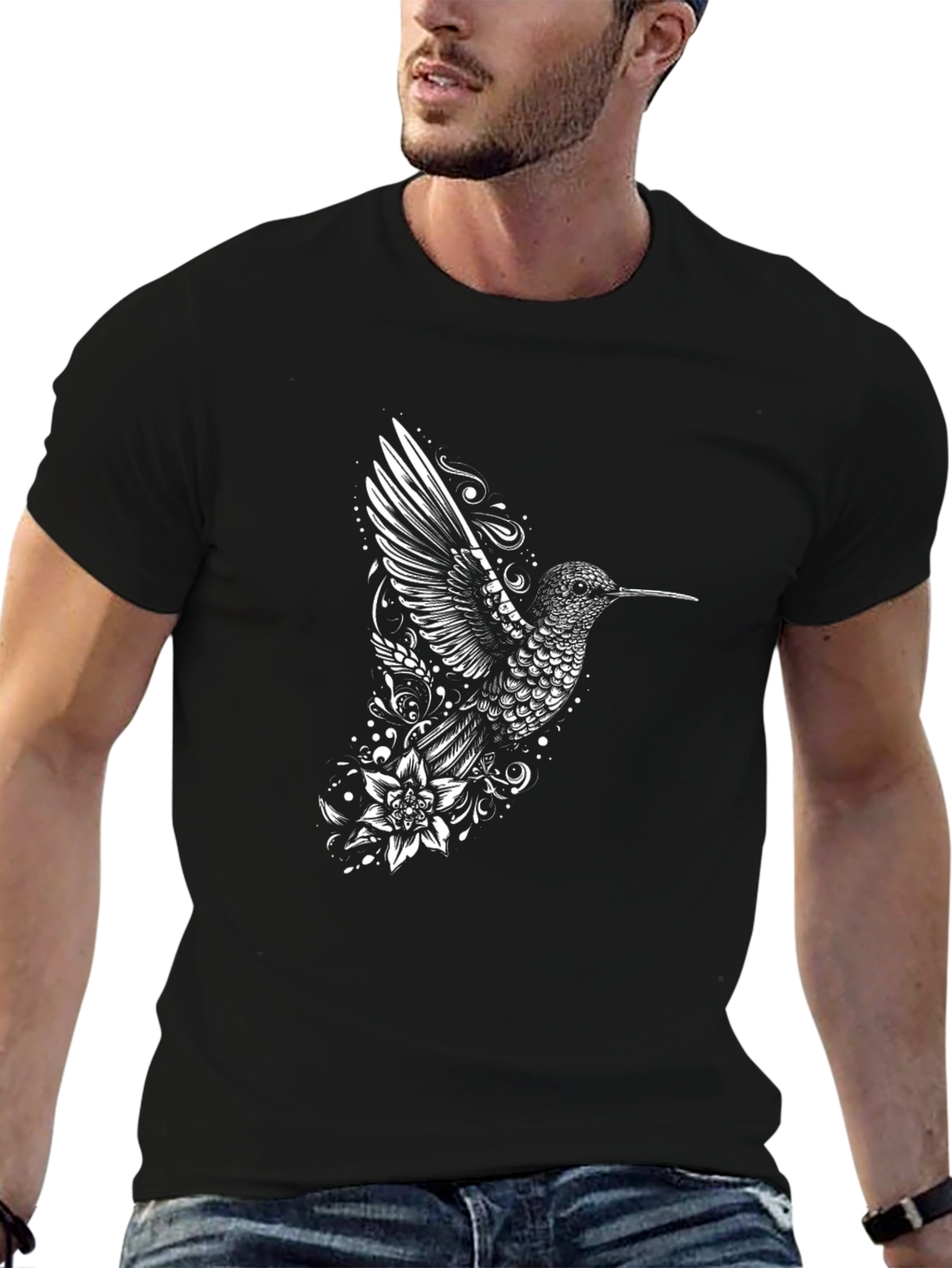 Hummingbird Floral Graphic Tee - Black