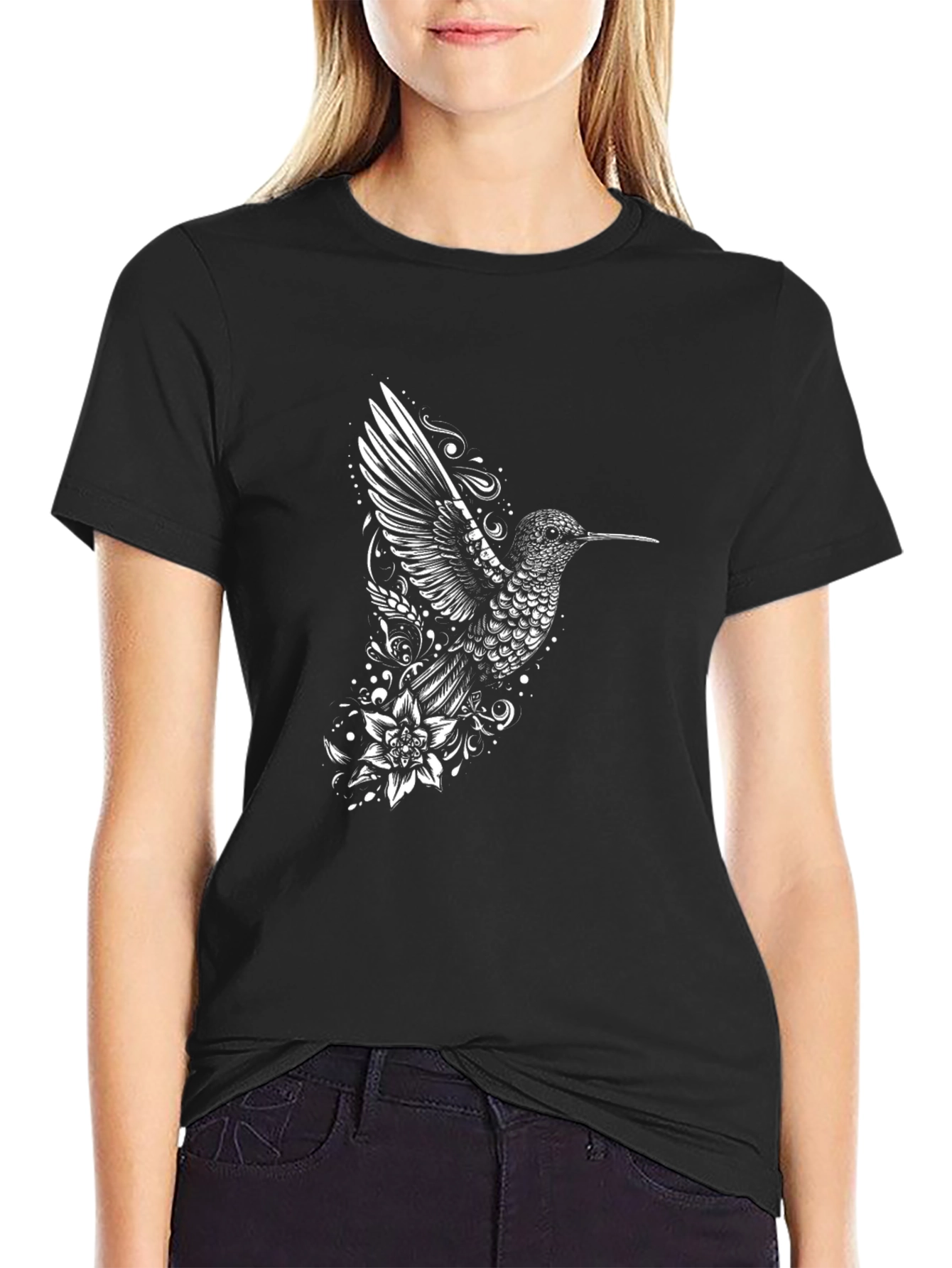 Hummingbird Floral Graphic Tee - Black