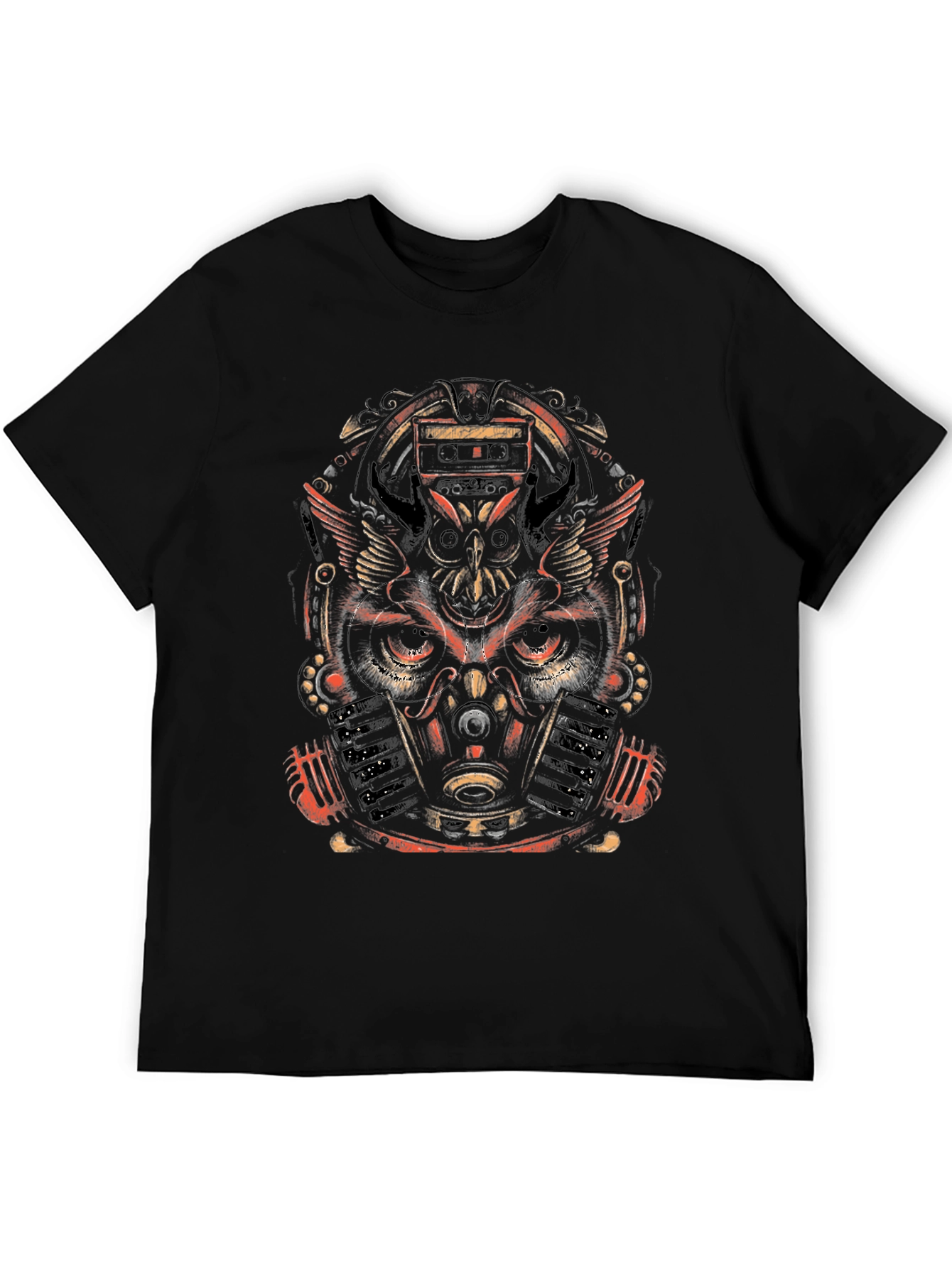 Steampunk Owl Graphic Print Black T-Shirt
