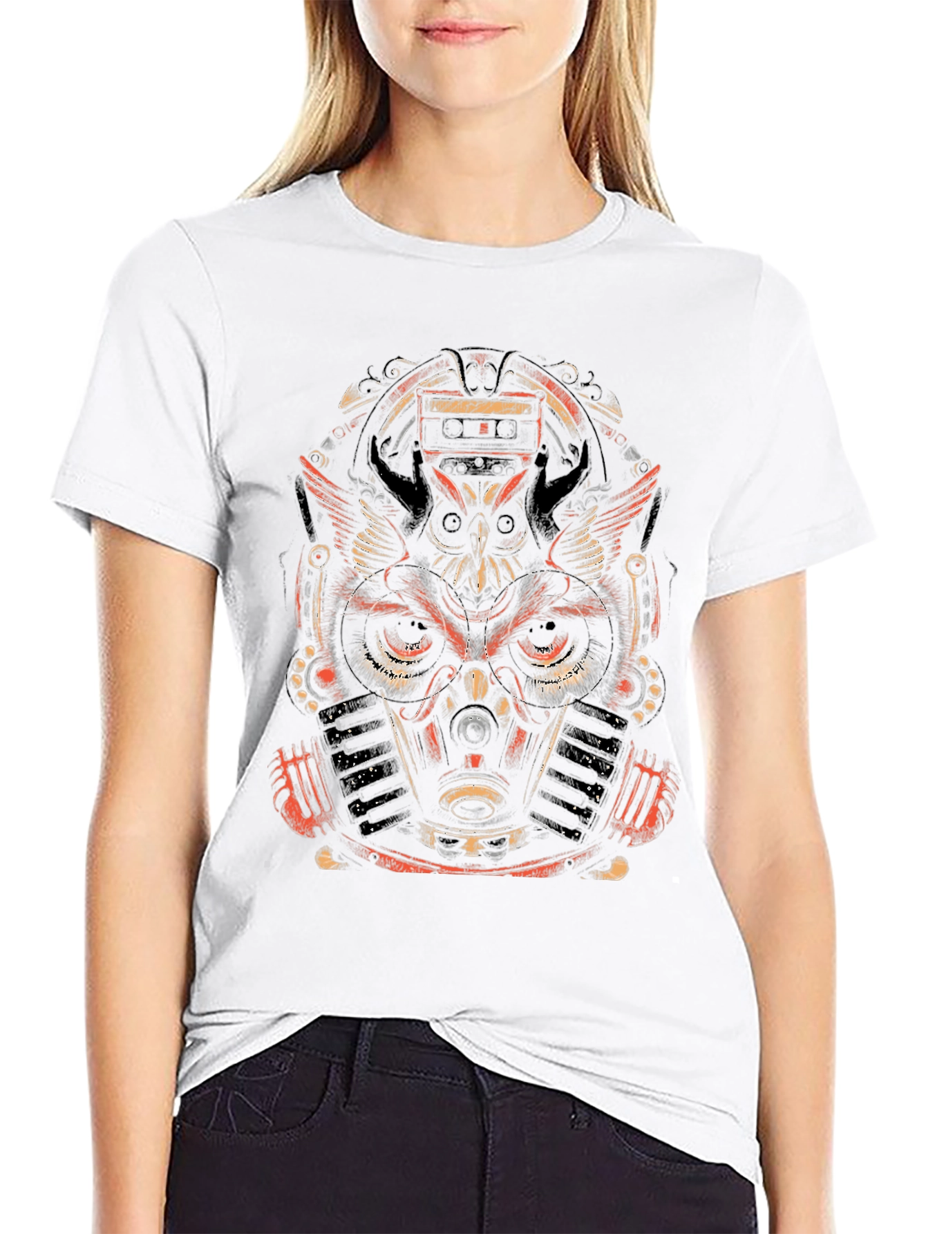 Steampunk Owl Graphic Print Black T-Shirt