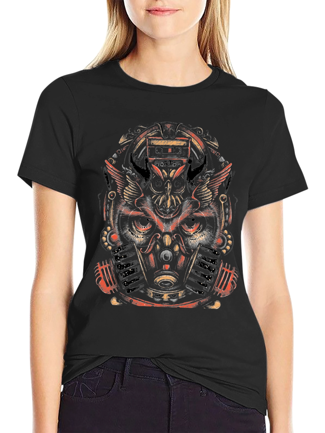 Steampunk Owl Graphic Print Black T-Shirt