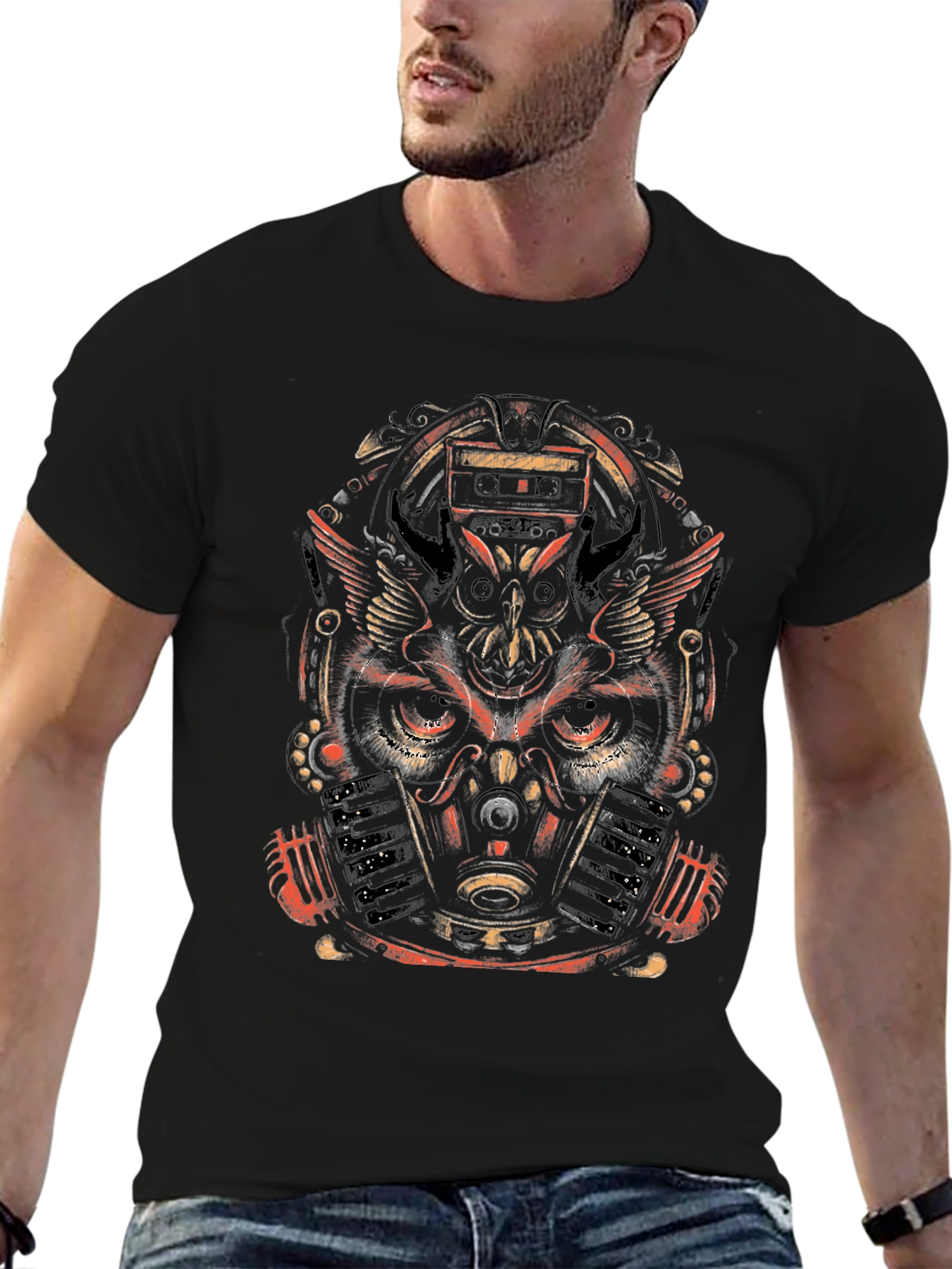 Steampunk Owl Graphic Print Black T-Shirt