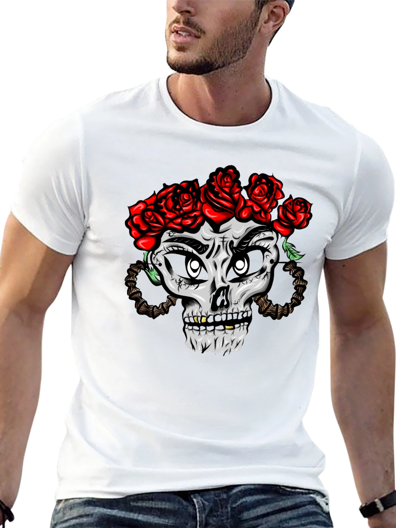 Skull with Roses Graphic Tee - Black