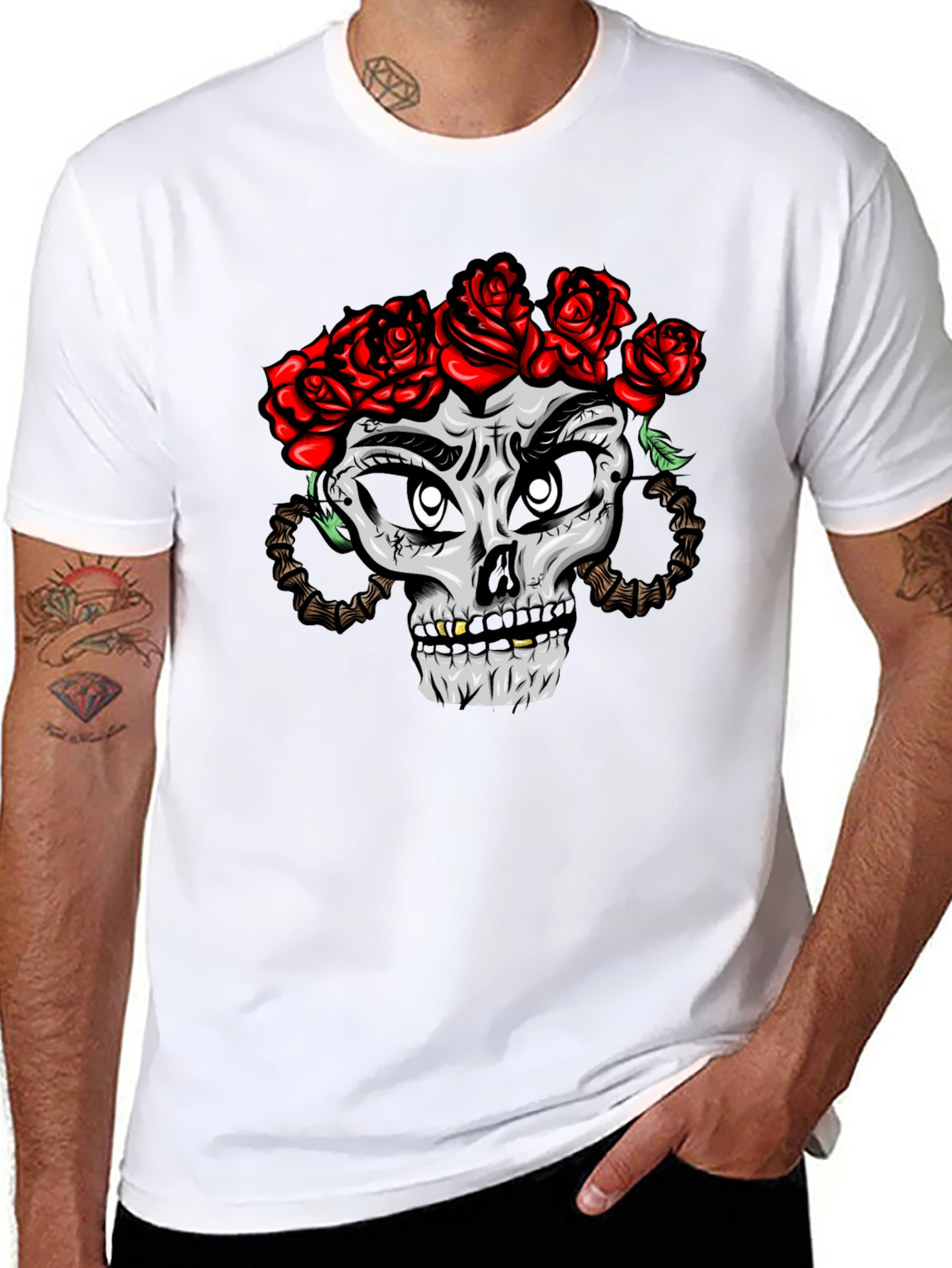 Skull with Roses Graphic Tee - Black